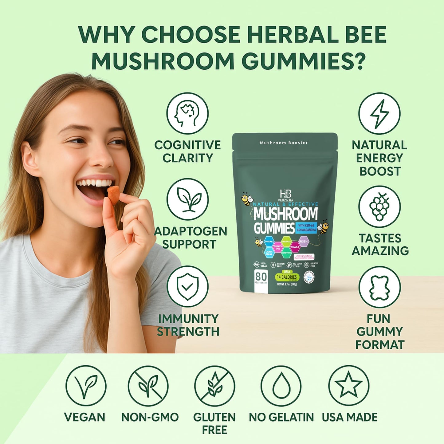 Herbal Bee Organic Ashwagandha & Lions Mane Mushroom Gummies, 80 Gummies