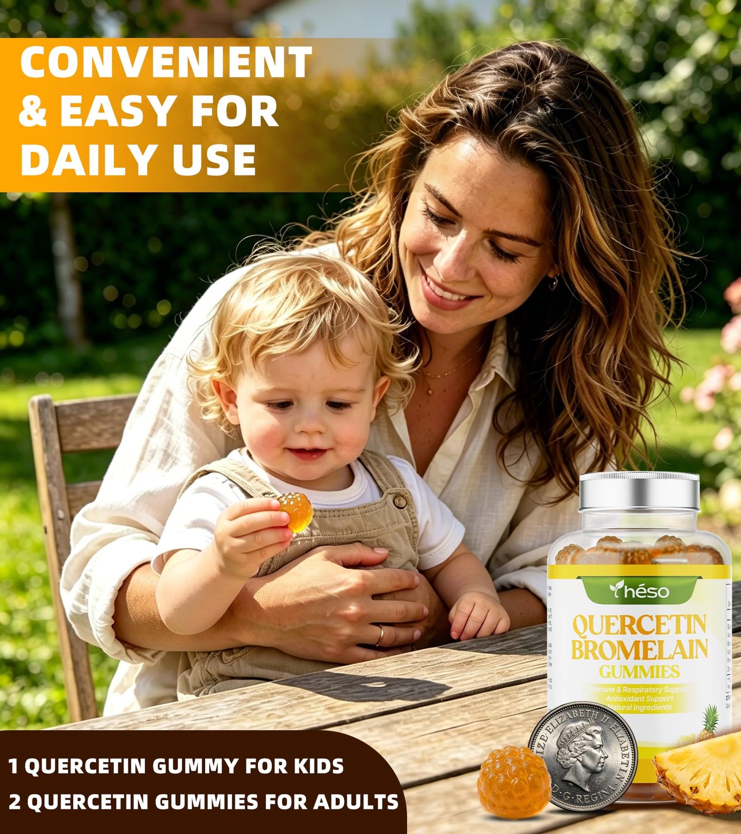 Yheso Quercetin 500mg with Bromelain, Vitamin C, D3 & Zinc – Sugar Free Immune Support – Antioxidant Complex with Pineapple Enzyme, 60 Gummies