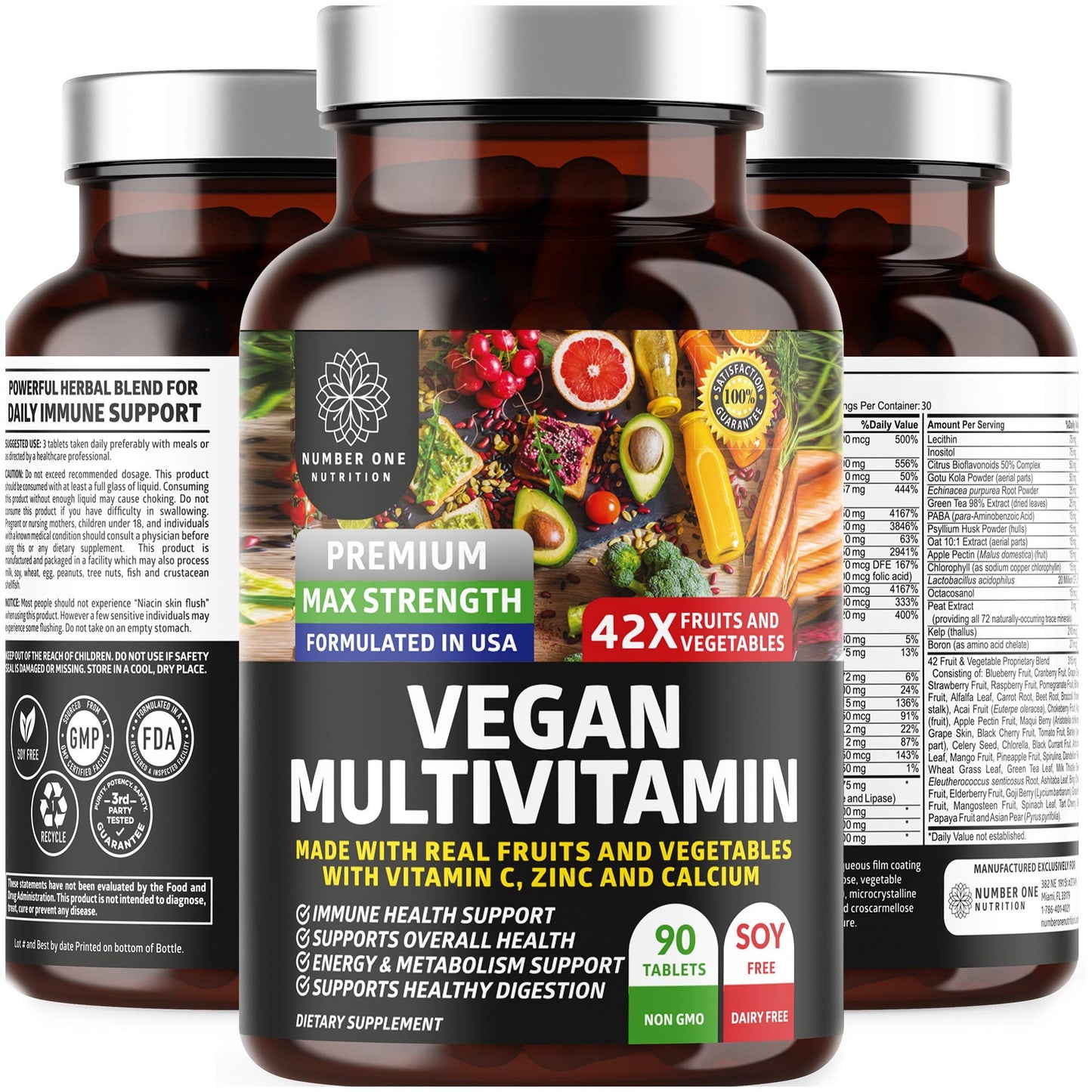 Number One Nutrition N1N Premium Plant Based Multivitamin [42 Powerful Ingredients] Men & Women Daily Multivitamins with Raw Veggies and Fruits, Probiotics, Alfalfa, Echinacea, Spirulina and Digestive Enzymes, 90 Tablets