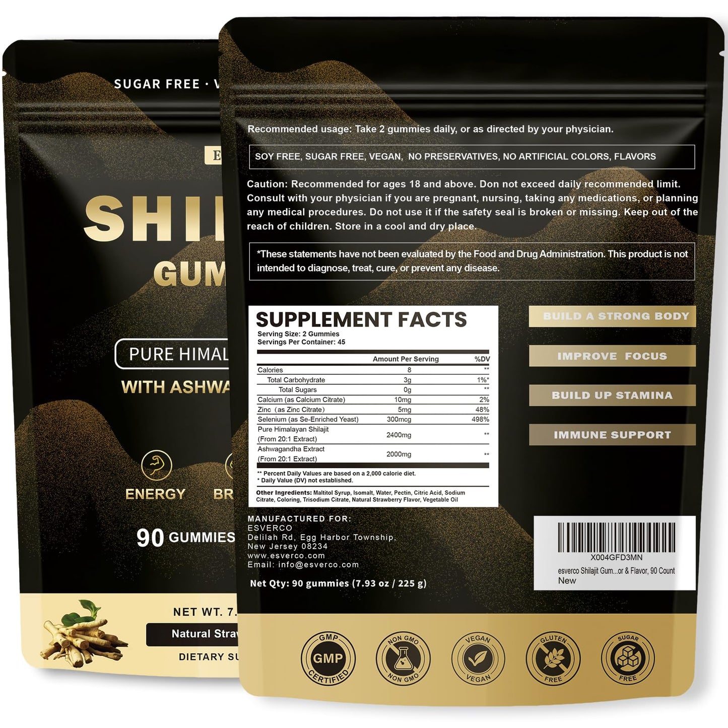 esverco Shilajit Gummies 2400mg Supplement for Adults Strawberry flavor Gummy 90 Count