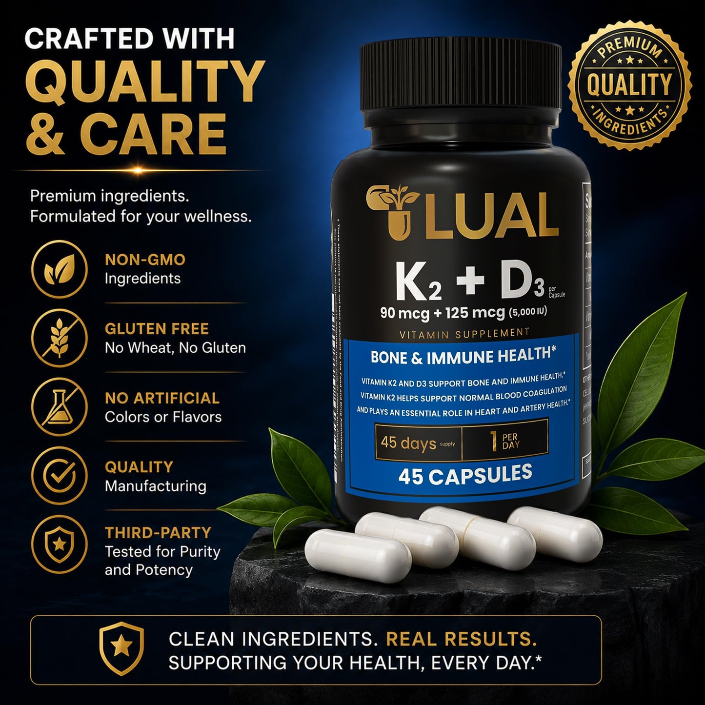 LUAL Vitamin K2 + D3 Supplement 45 Capsules