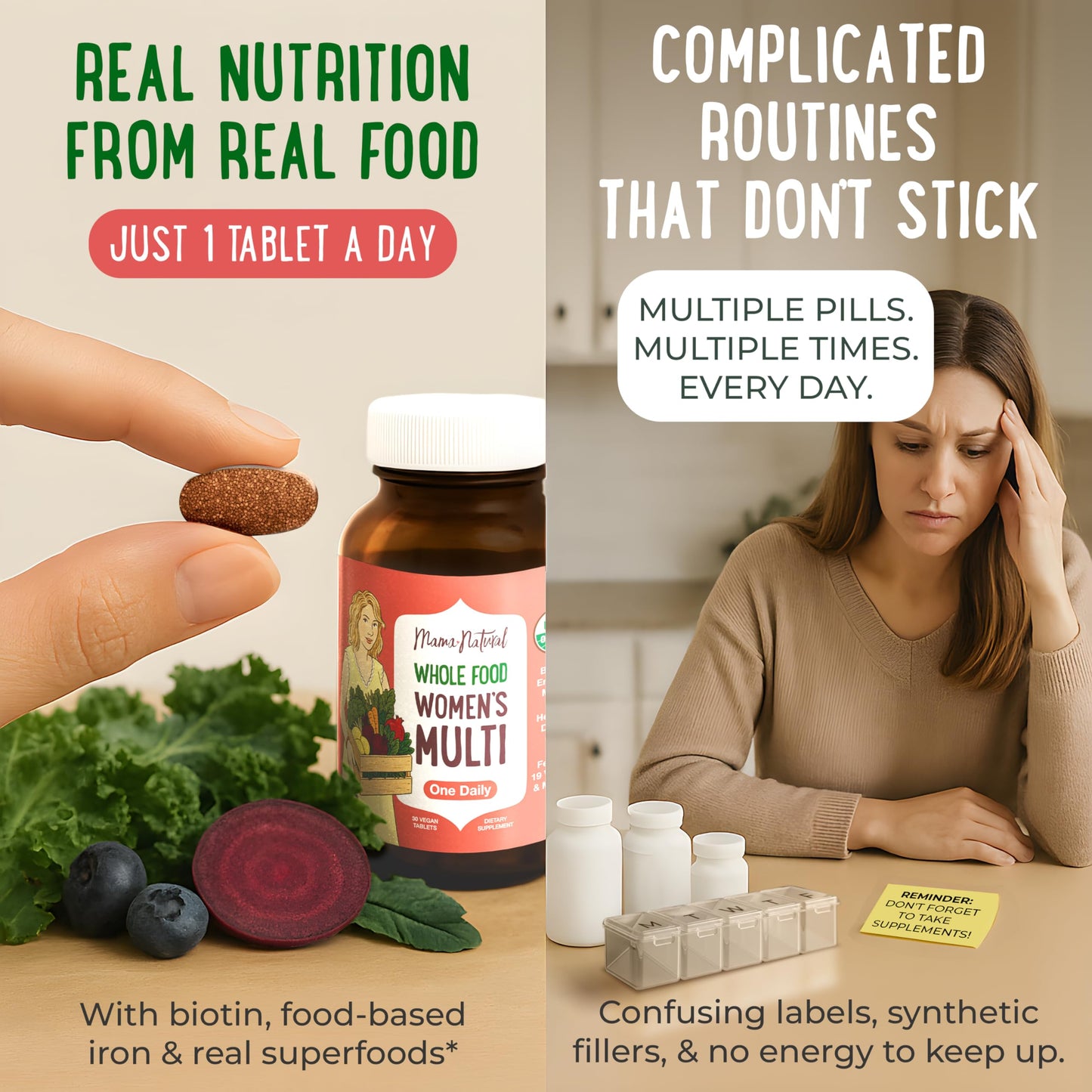 Mama Natural Organic Women's Multivitamin - Whole Food Based, 1 A Day Vegan Tablets, 30 Count