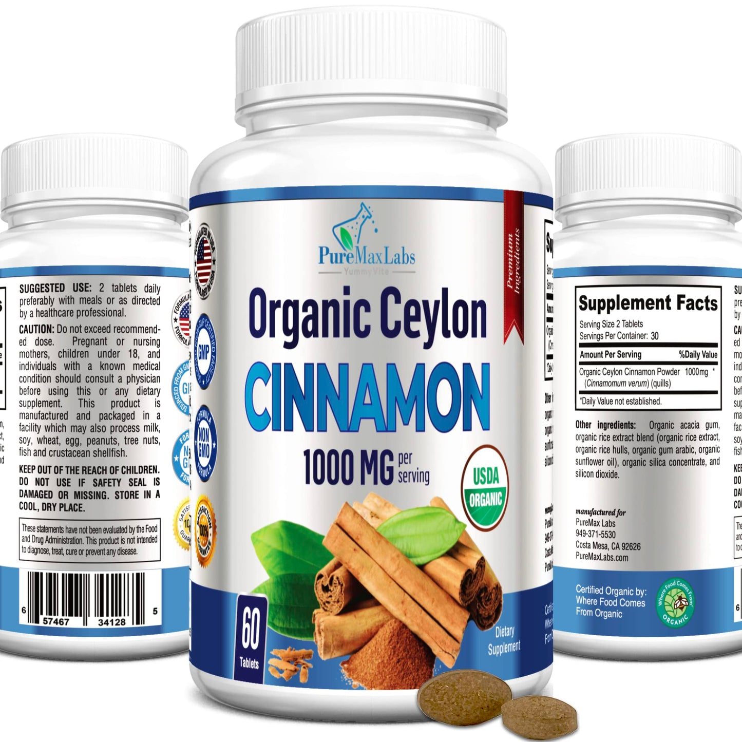 YUMMYVITE Organic Ceylon Cinnamon 1000mg per Serving Tablet, 60 Tablets