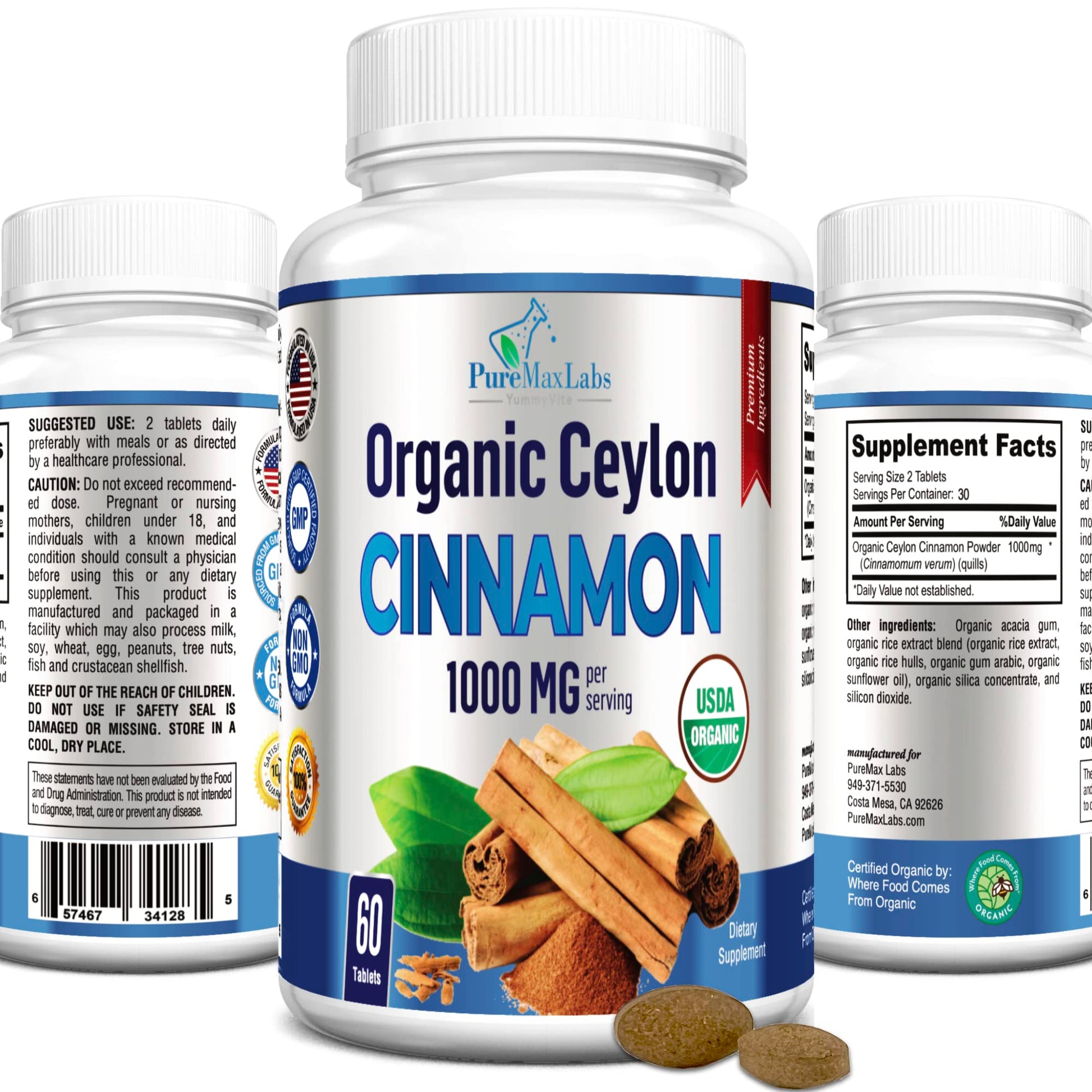 YUMMYVITE Organic Ceylon Cinnamon 1000mg per Serving Tablet, 60 Tablets