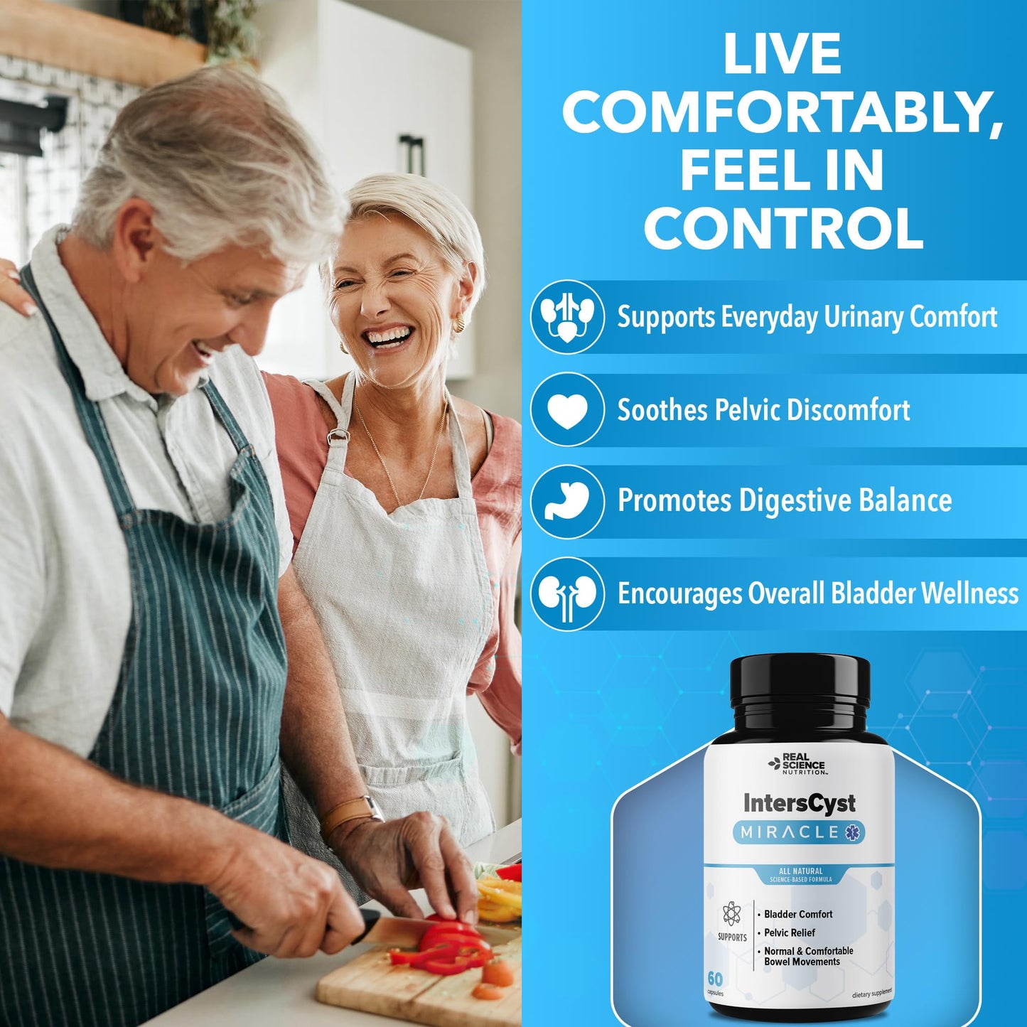 Real Science Nutrition IntersCyst Miracle Bladder & Urinary Wellness Supplement with Vitamins C, D, K & B12 Plus Nitric Oxide Support Urinary Tract, Digestive Balance & Cellular Health, 60 Capsules