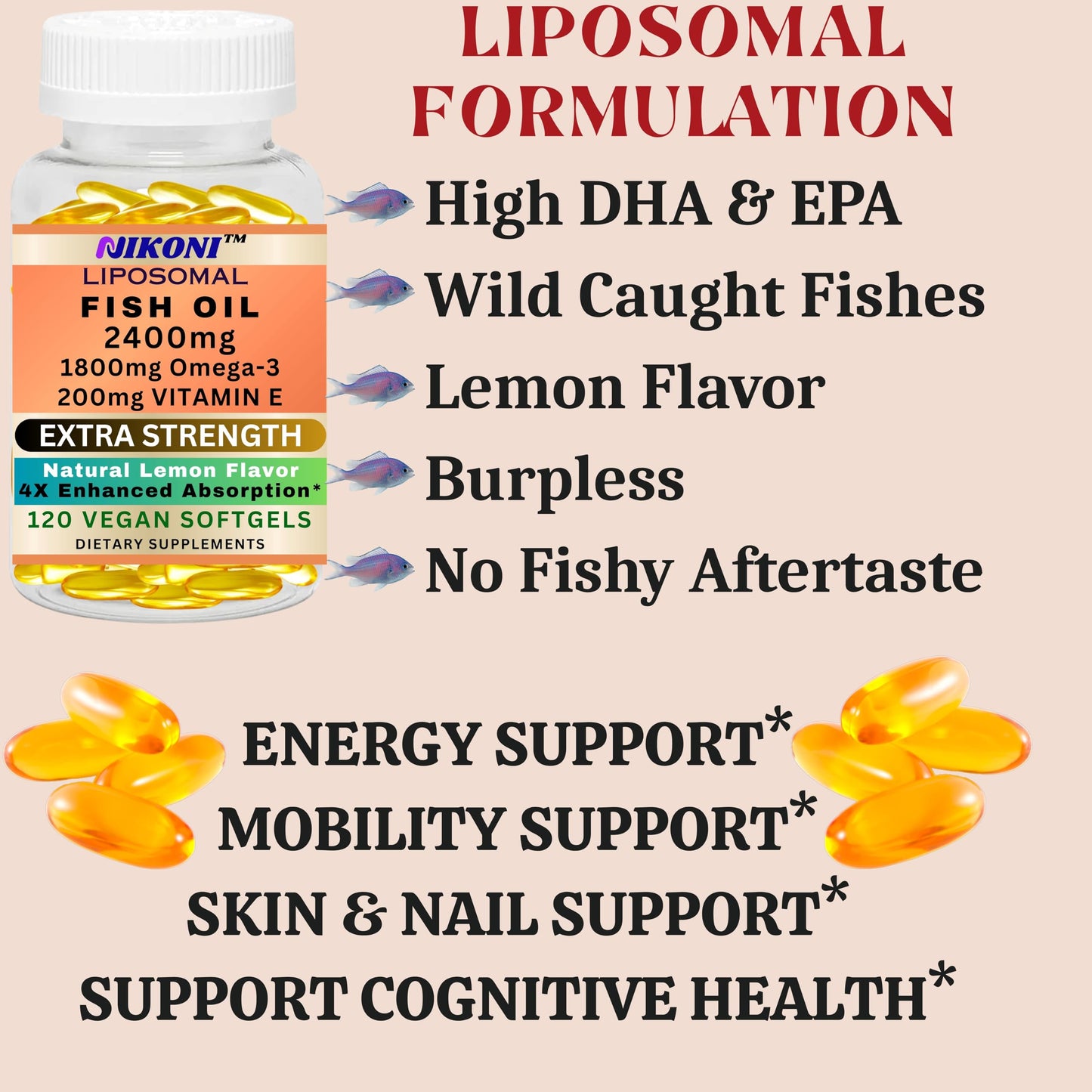 Nikoni Liposomal Lemon Flavor Fish Oil Softgels, 120 count