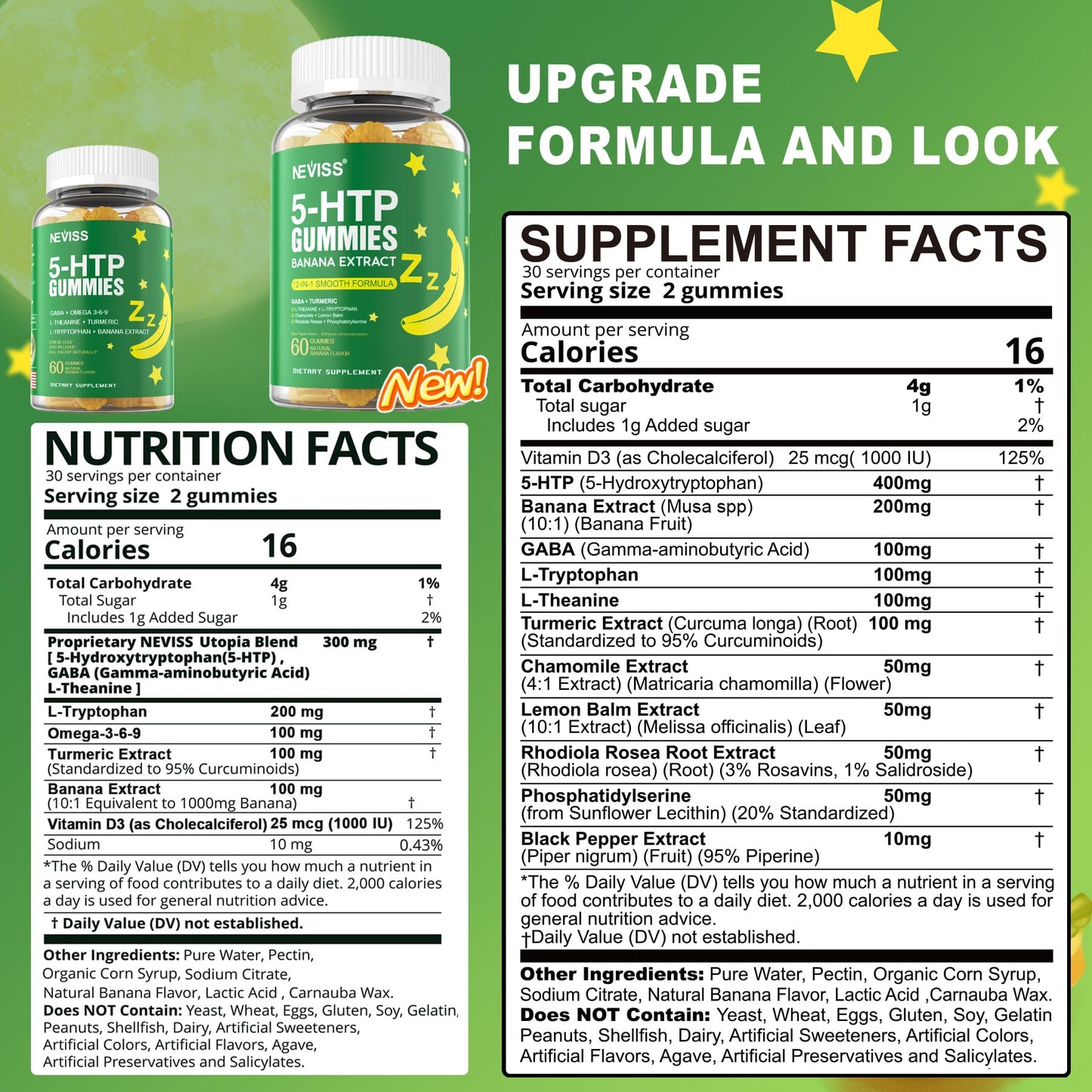 NEVISS 5-HTP 400mg Gummies + GABA - Melatonin-Free Relaxation Gummies with Banana Extract, L-Theanine, Turmeric, L-Tryptophan, D3 for Healthy Rest Cycle, Circadian Rhythm, Brain & Muscle Relax, 120 Gummies