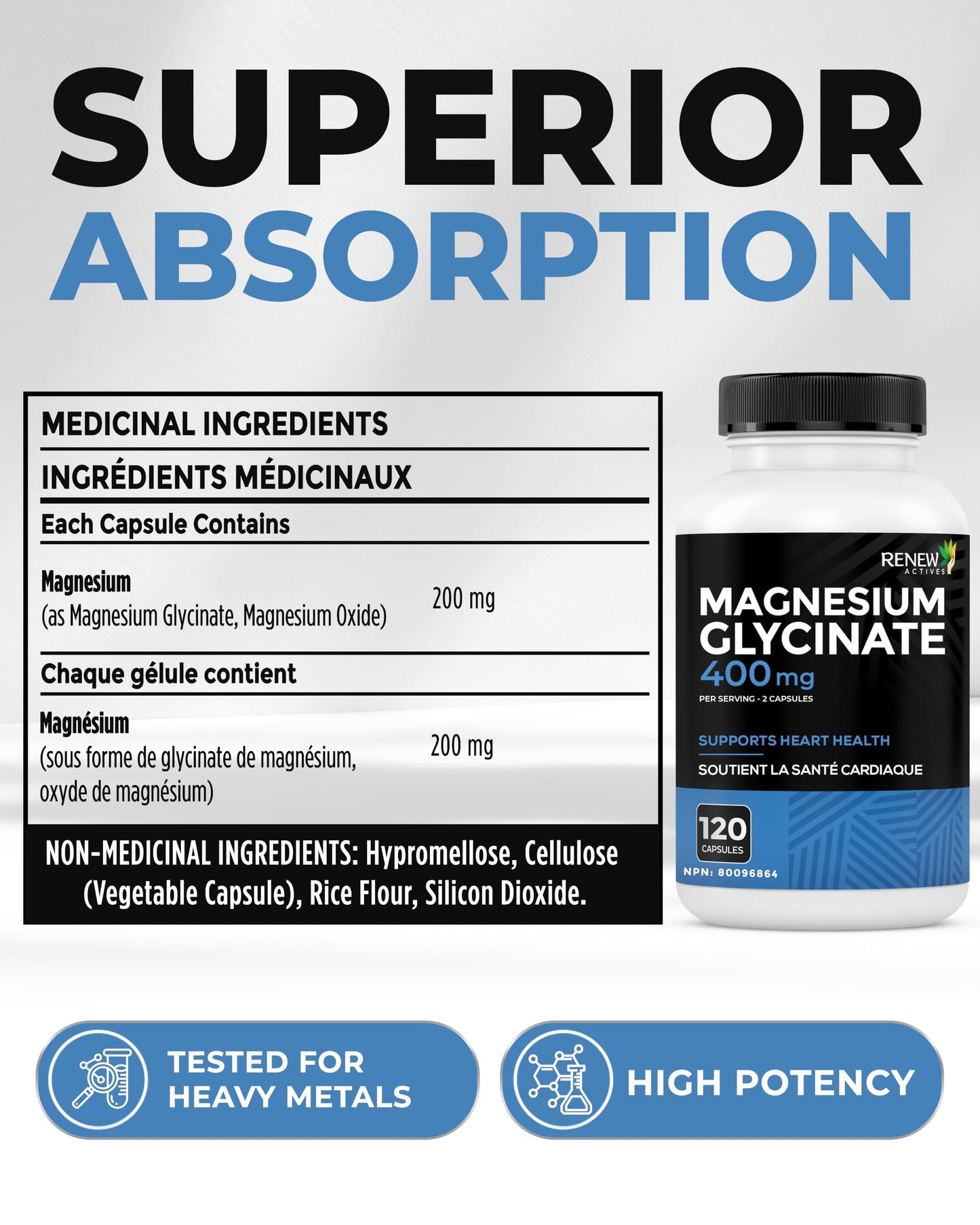 Renew Actives Magnesium Glycinate 400mg per 2 Capsules, 120 Capsules
