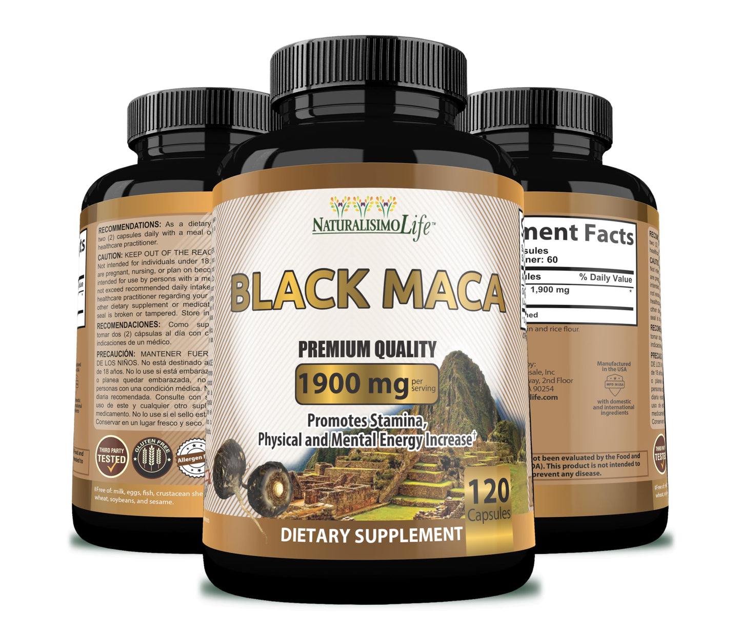 NaturalisimoLife Organic Black Maca 1,900 mg per Serving Natural Energy Booster Peruvian Maca for Men & Women Capsules, 120 Count