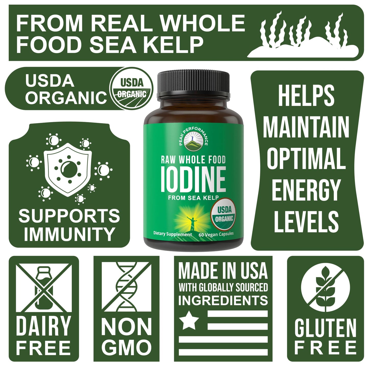 Peak Performance Organic Raw Whole Food Iodine Supplement from Kelp (Ascophyllum Nodosum) Capsules 60 Count