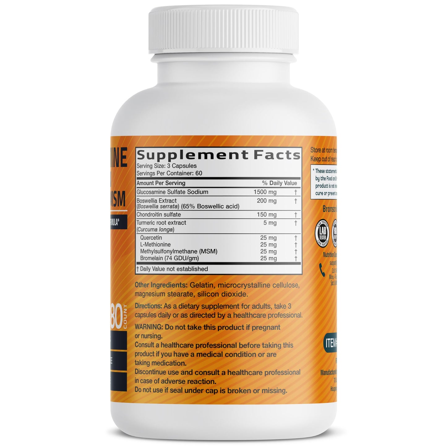 Bronson Glucosamine Chondroitin Turmeric & MSM Advanced Joint & Cartilage Formula 180 Capsules