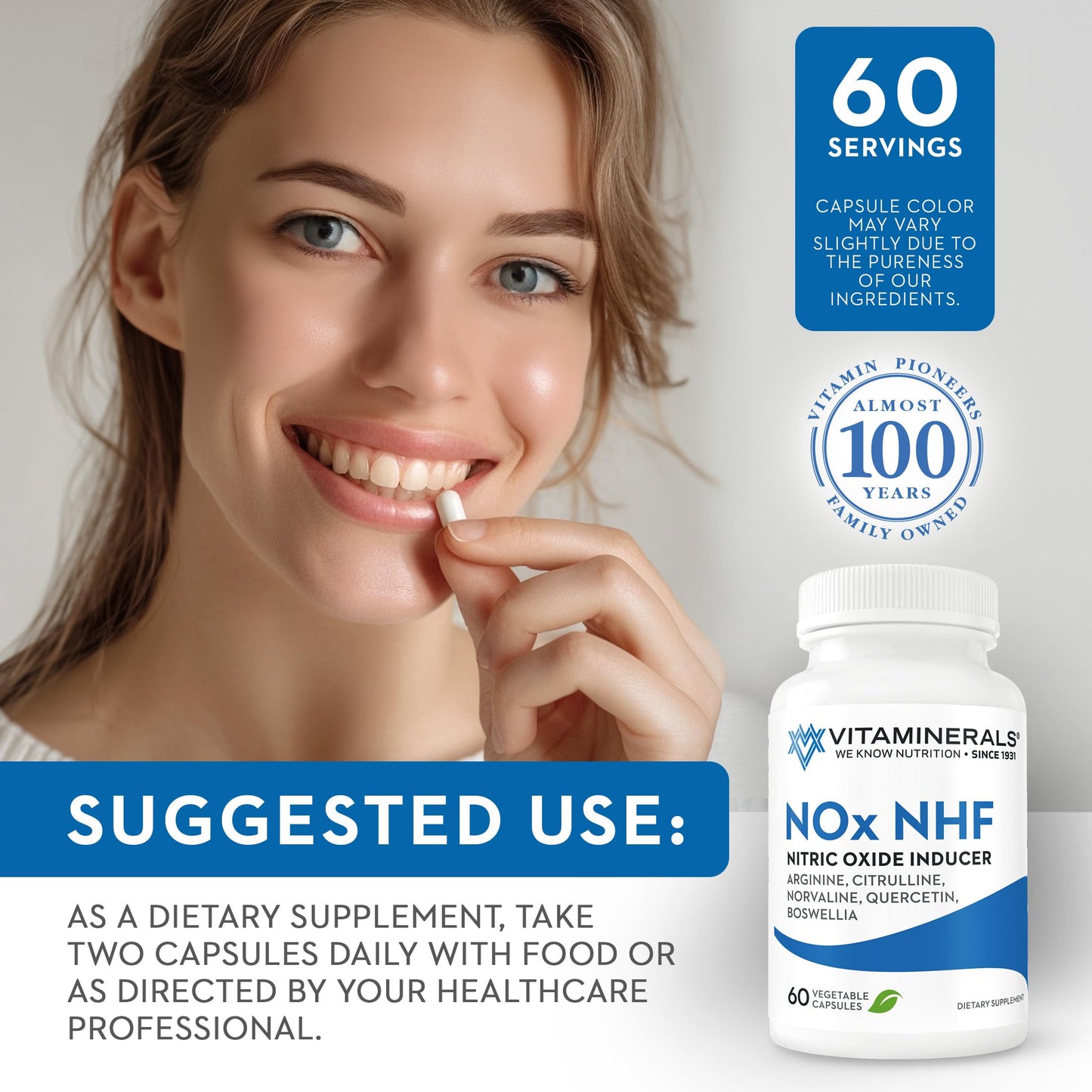 Vitaminerals 122 NOx NHF L-arginine, L-citrulline, L norvaline Plus B6, Quercetin, White Willow, Boswellia & Enzymes 60 Veggie Caps