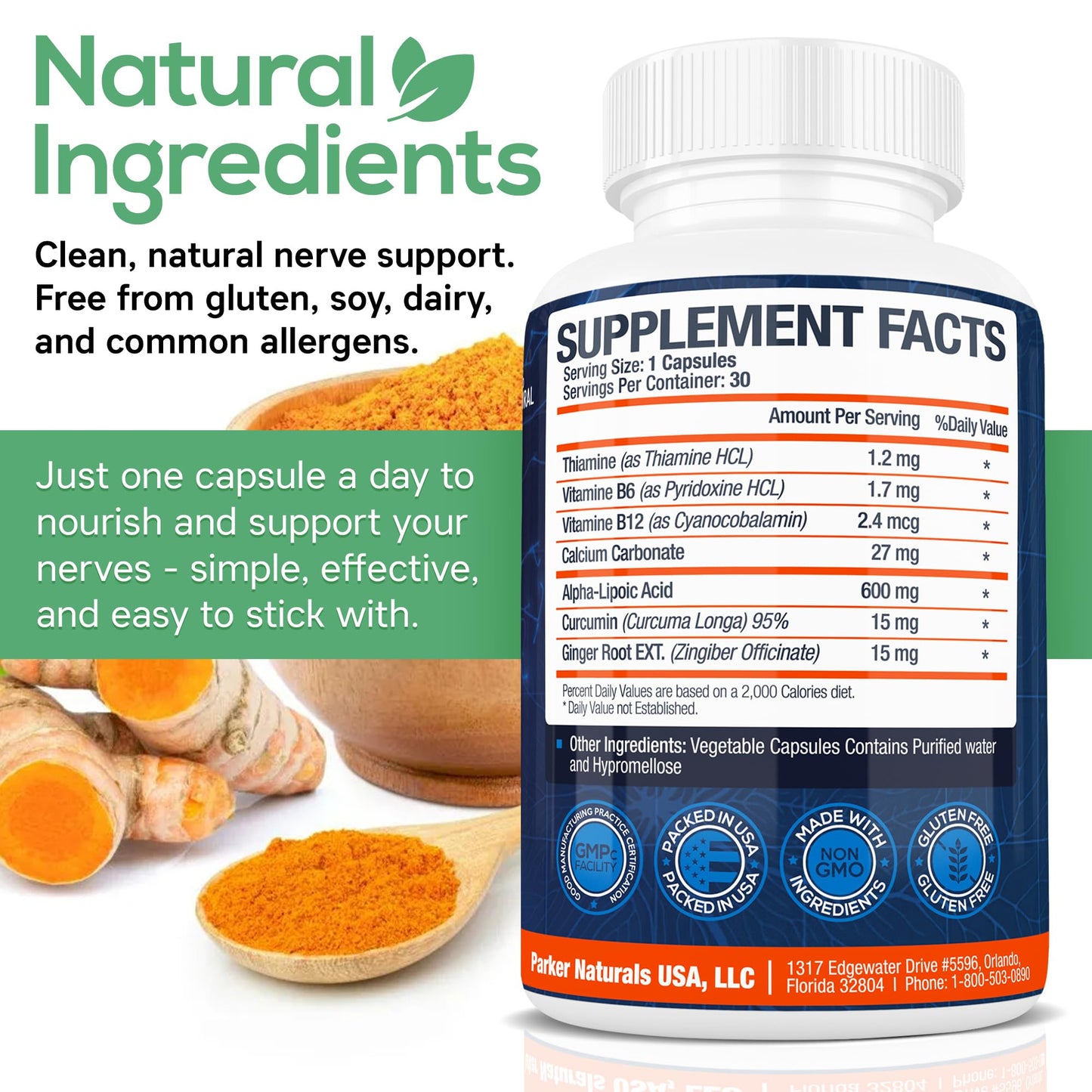 Parker Naturals Alpha Lipoic Acid 600mg Natural Nerve Supplements, 30 Capsules