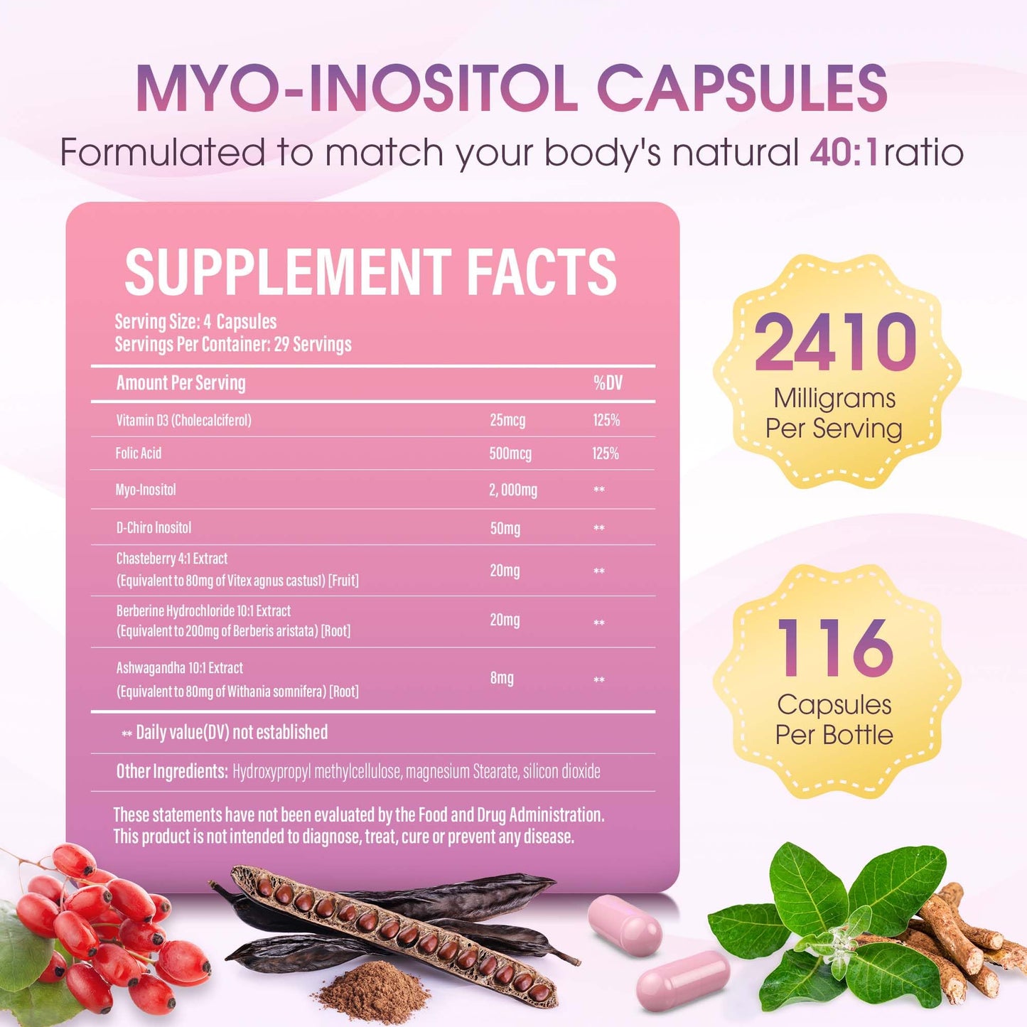 Lazpowfi Inositol Supplement with Myo-Inositol and D-Chiro Inositol Capsule 116 Count