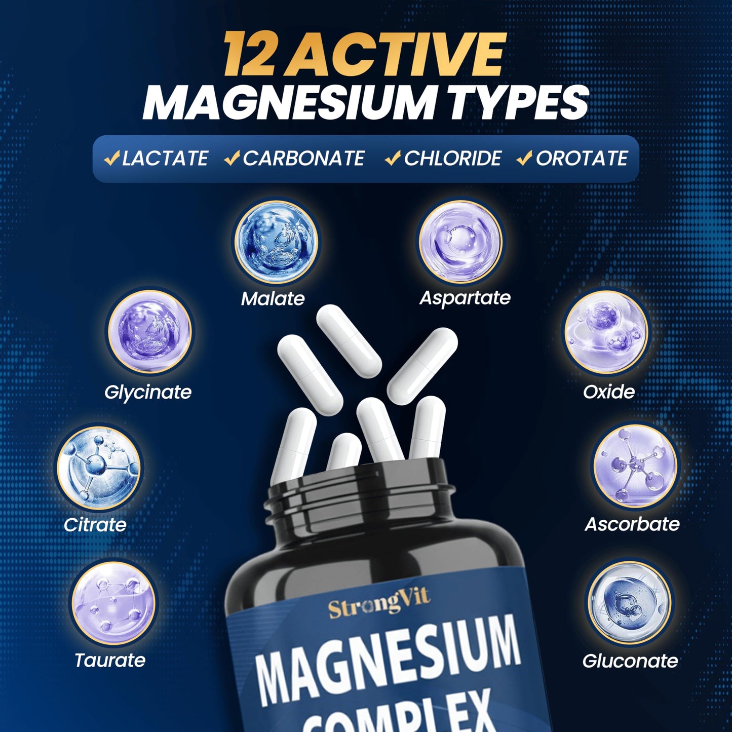 StrongVit 1000mg Magnesium Complex for Women and Men, 12 in 1 Magnesium Supplement with Ashwagandha, Zinc, D3, L-theanine Capsule 60 Count