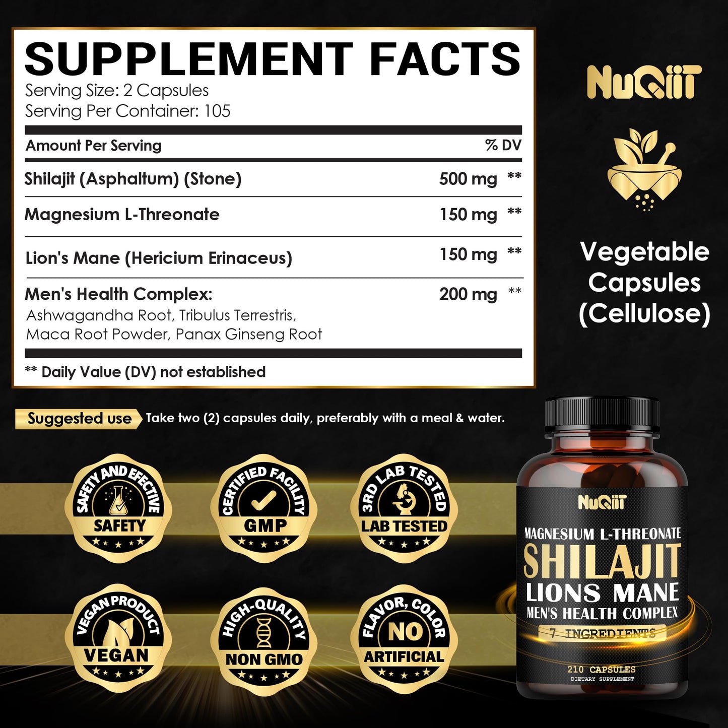 NUQIIT Magnesium with Lions Mane, Shilajit Capsules, Male's Health Complex with Ashwagandha & Maca Root, 210 Capsules