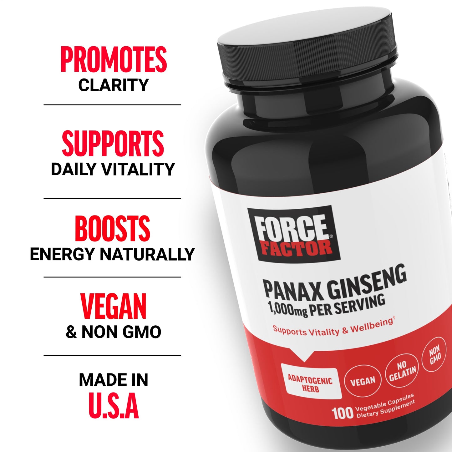 Force Factor Panax Ginseng Adaptogenic Korean Ginseng Supplement Capsules, 100 Count