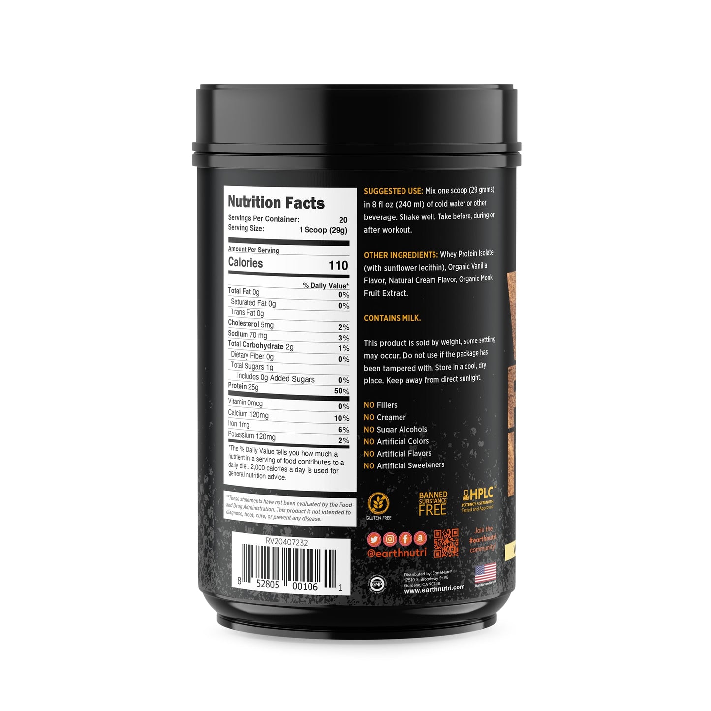 EarthNutri Whey Isolate Protein Powder Vanilla Flavor, 20 Servings