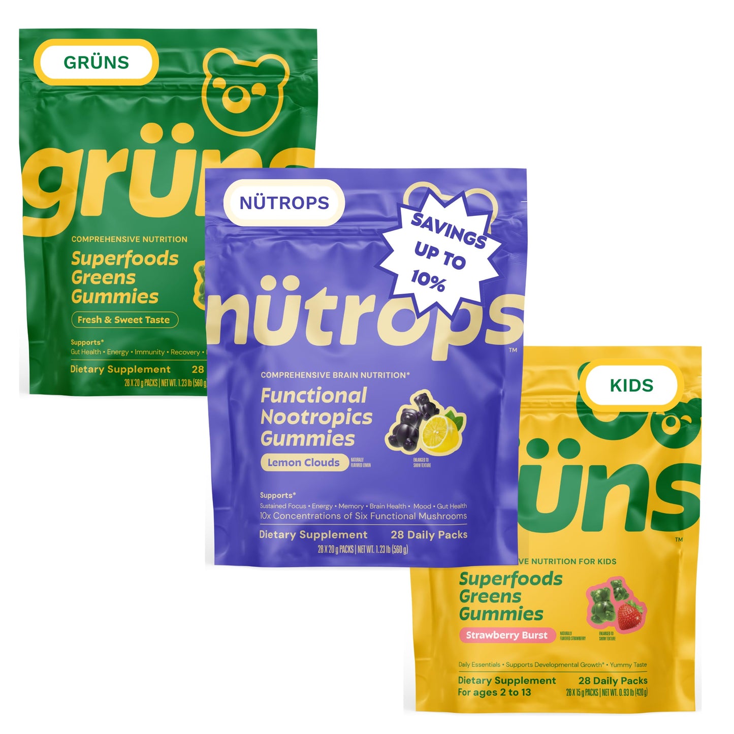 Grüns Greens + Nütrops Mushroom + Kids Multivitamin Gummies 616