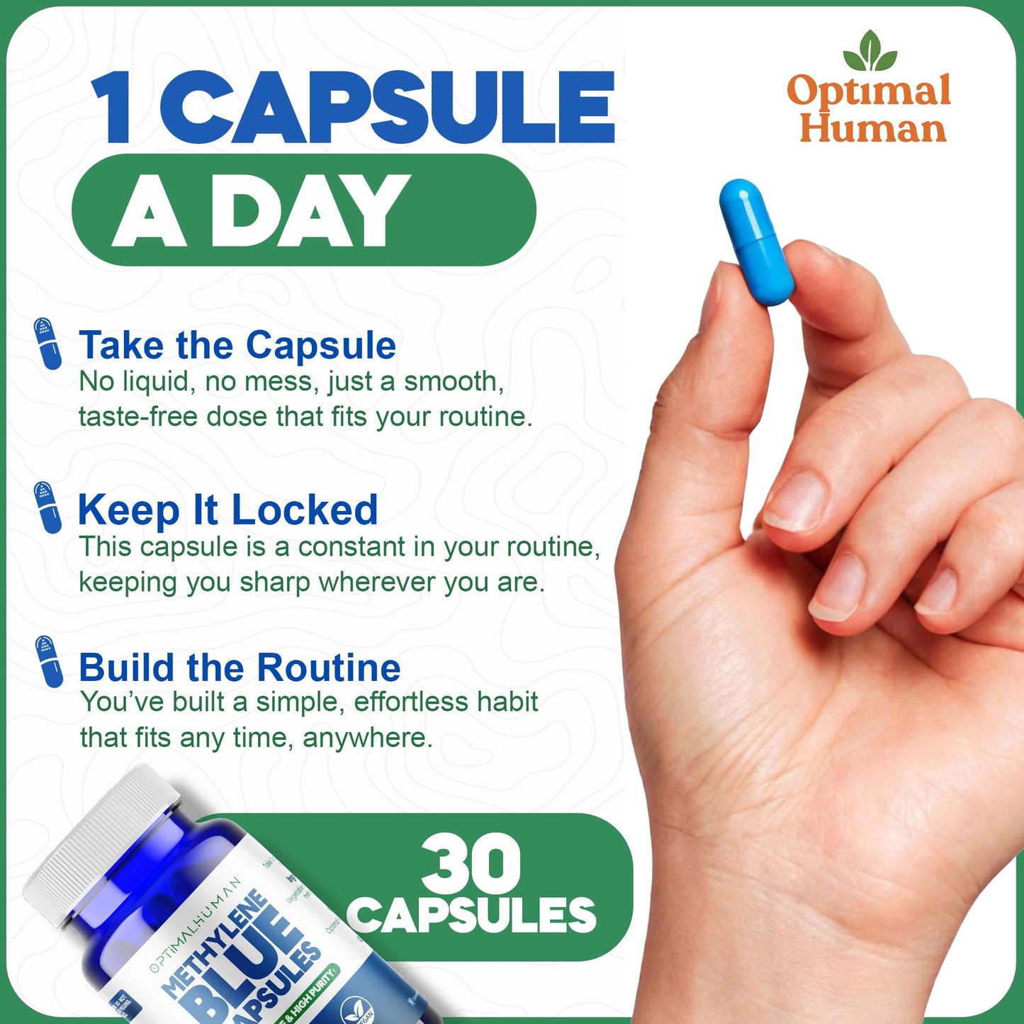 O H Optimal Human Methylene Blue Capsules 10mg USP, Vitamin C, 30 Count