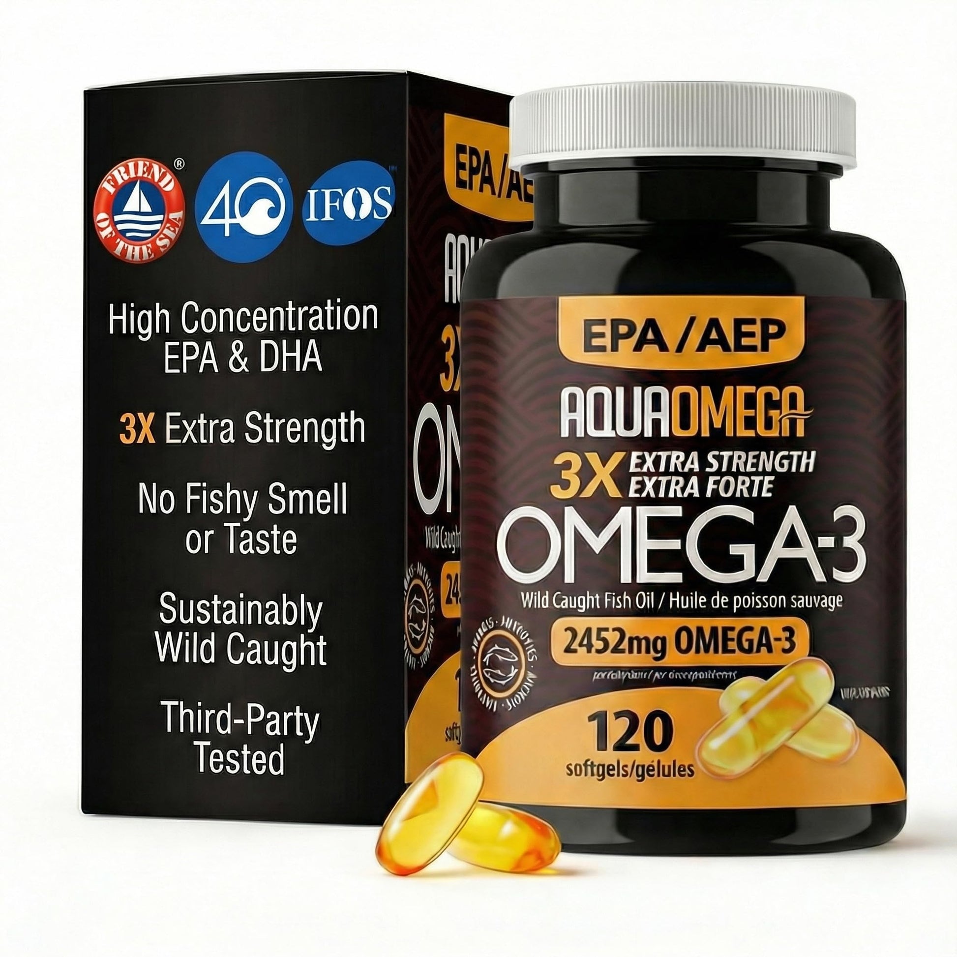 AQUA OMEGA 3X Extra Strength Omega-3 Fish Oil Softgels, 120 Count