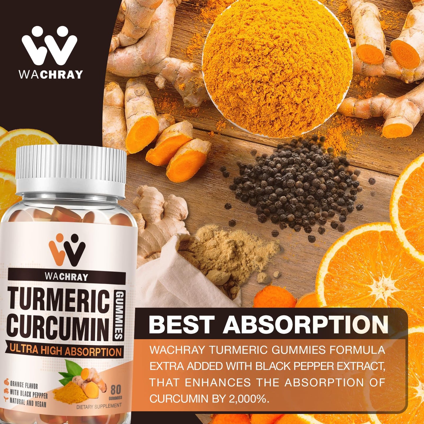WACHRAY Turmeric Curcumin Gummies with Ginger & Black Pepper Extract 240 Count