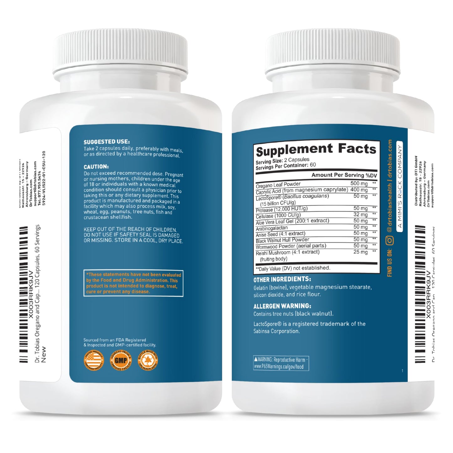 Dr. Tobias Oregano and Caprylic Acid Blend, Gut Flora Balance Complex with Probiotics & Enzymes for Intestinal and Immune Support, 120 Capsules