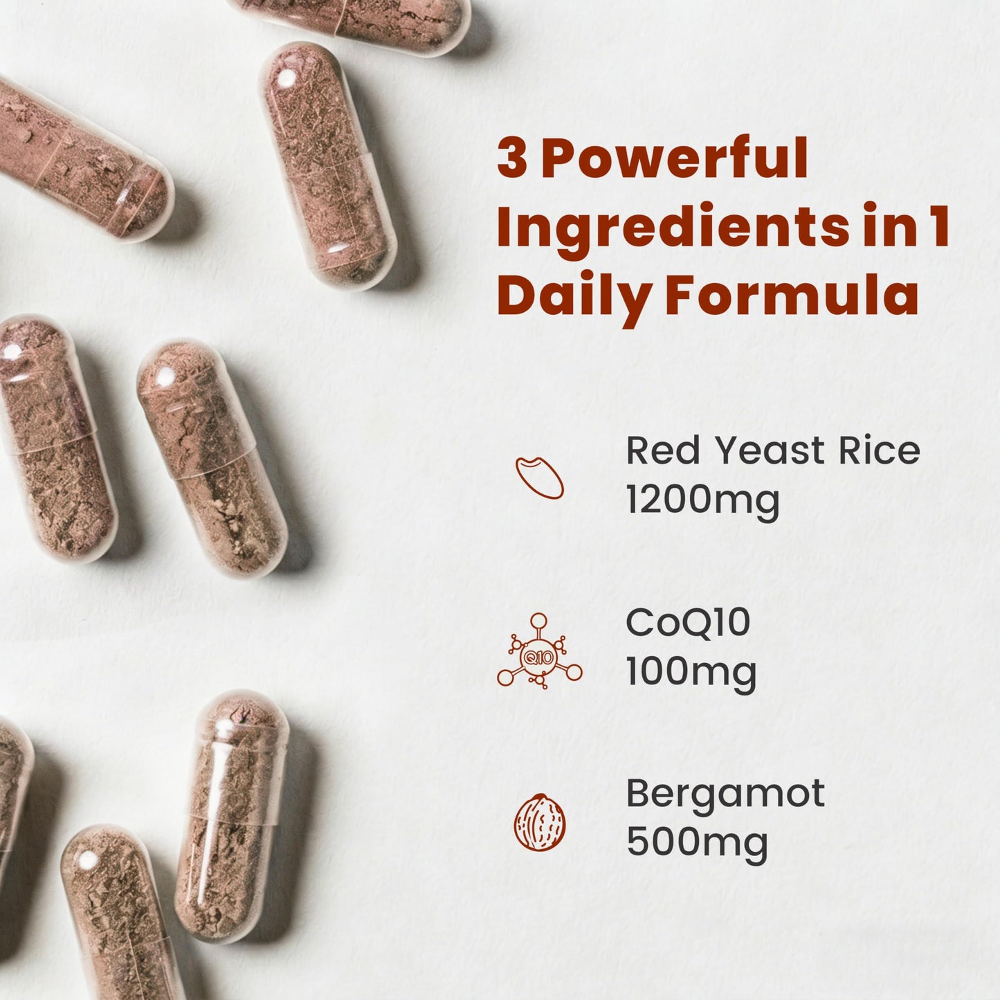 Higanbana Red Yeast Rice 1200mg with CoQ10 100mg & Citrus Bergamot 500mg - 3 in 1 Heart Health & Healthy Cholesterol Support Supplement - Cardiovascular Health Formula, 60 Capsules