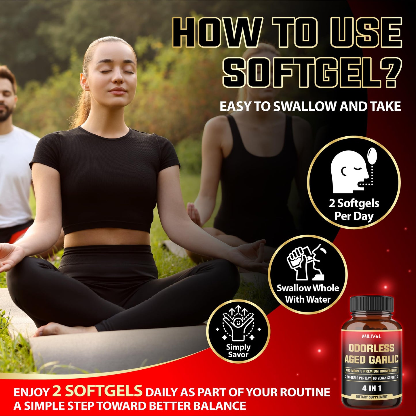 MILIVOL Aged Garlic Softgels with Garlic Extract, Ginger Root, Turmeric Root, and Black Pepper, 60 Softgels