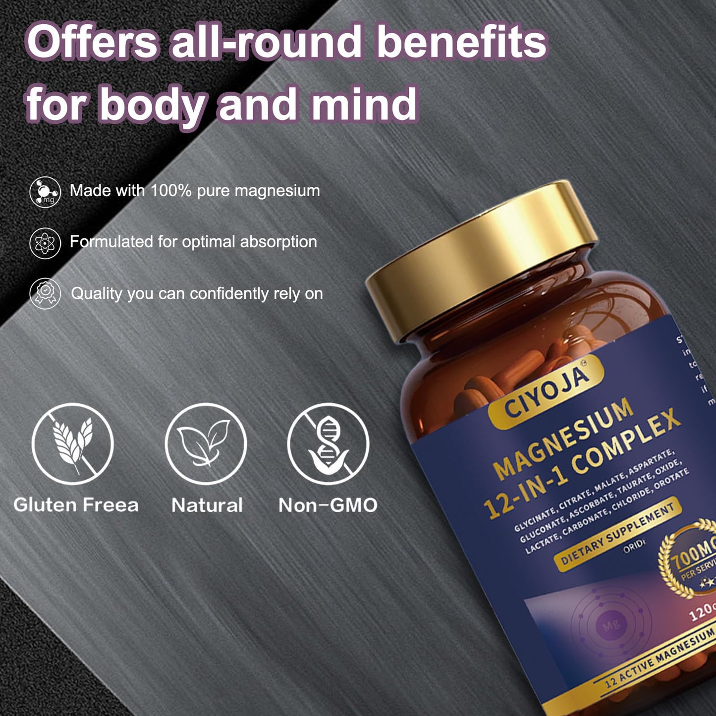 CIYOJA 12-in-1 Magnesium Complex for Women Men Magnesium Glycinate 700mg with Citrate Malate Taurate Chelated Forms High Absorption Magnesium Supplement for Relaxation Muscle & Heart Capsules 120