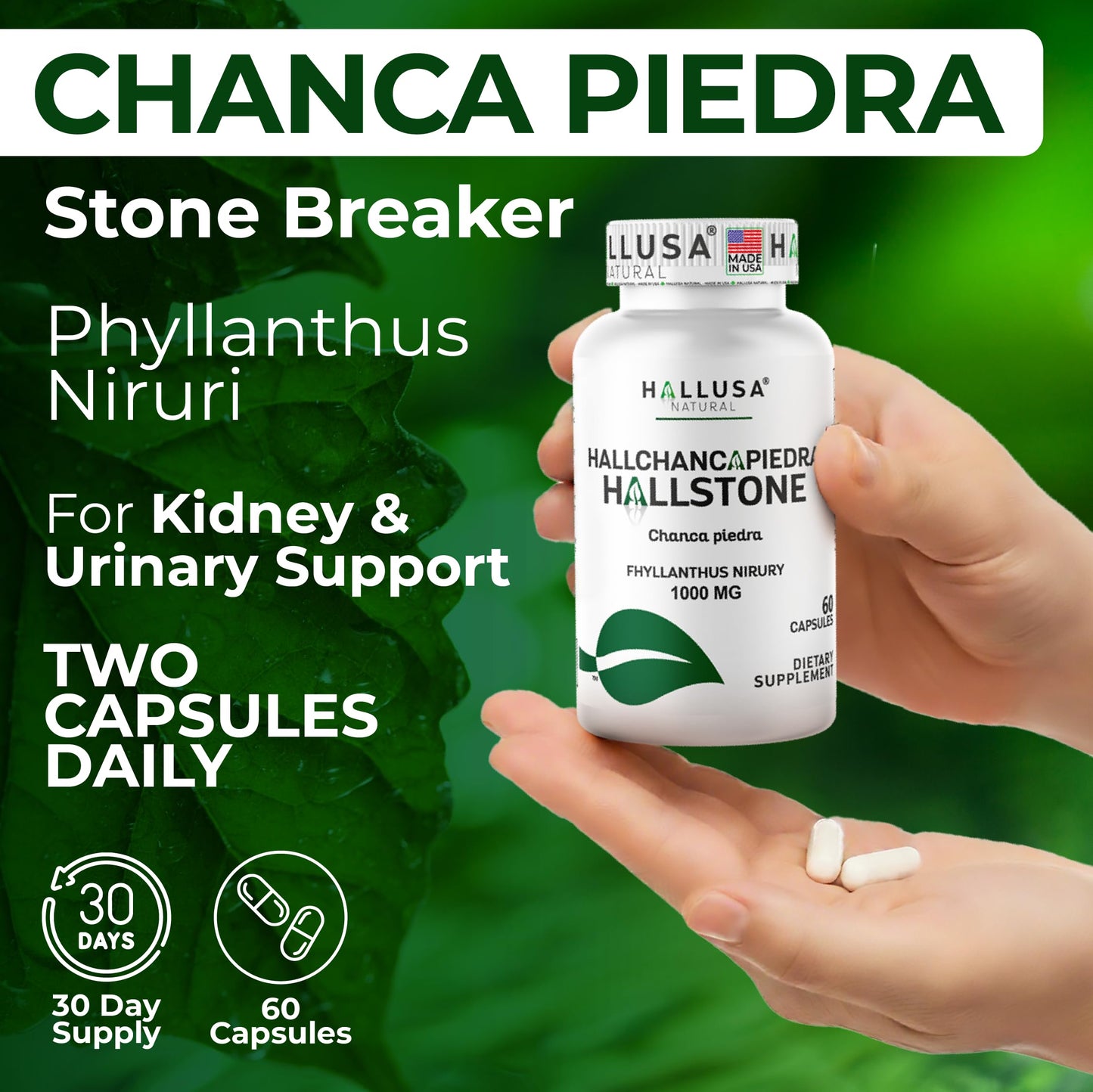Hallusa Natural Hallchancapiedra 1000 mg Chanca Piedra Supplement, 60 Capsules
