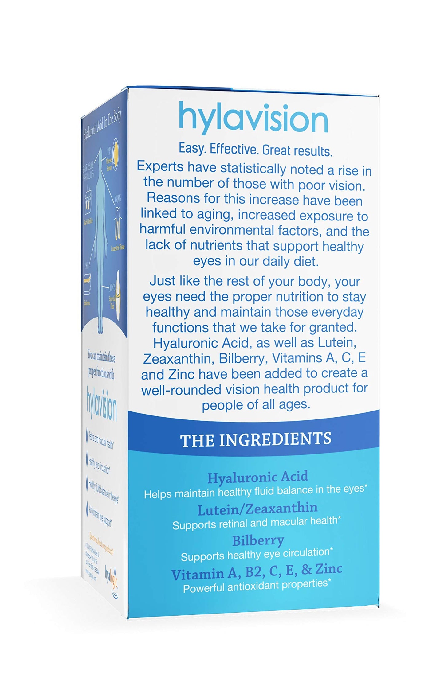 Hyalogic HylaVision Eye Vitamins – with Hyaluronic Acid, Clear Eyes with Lutein and Zeaxanthin Supplements for Eye Care Eye Health Support Capsules 120