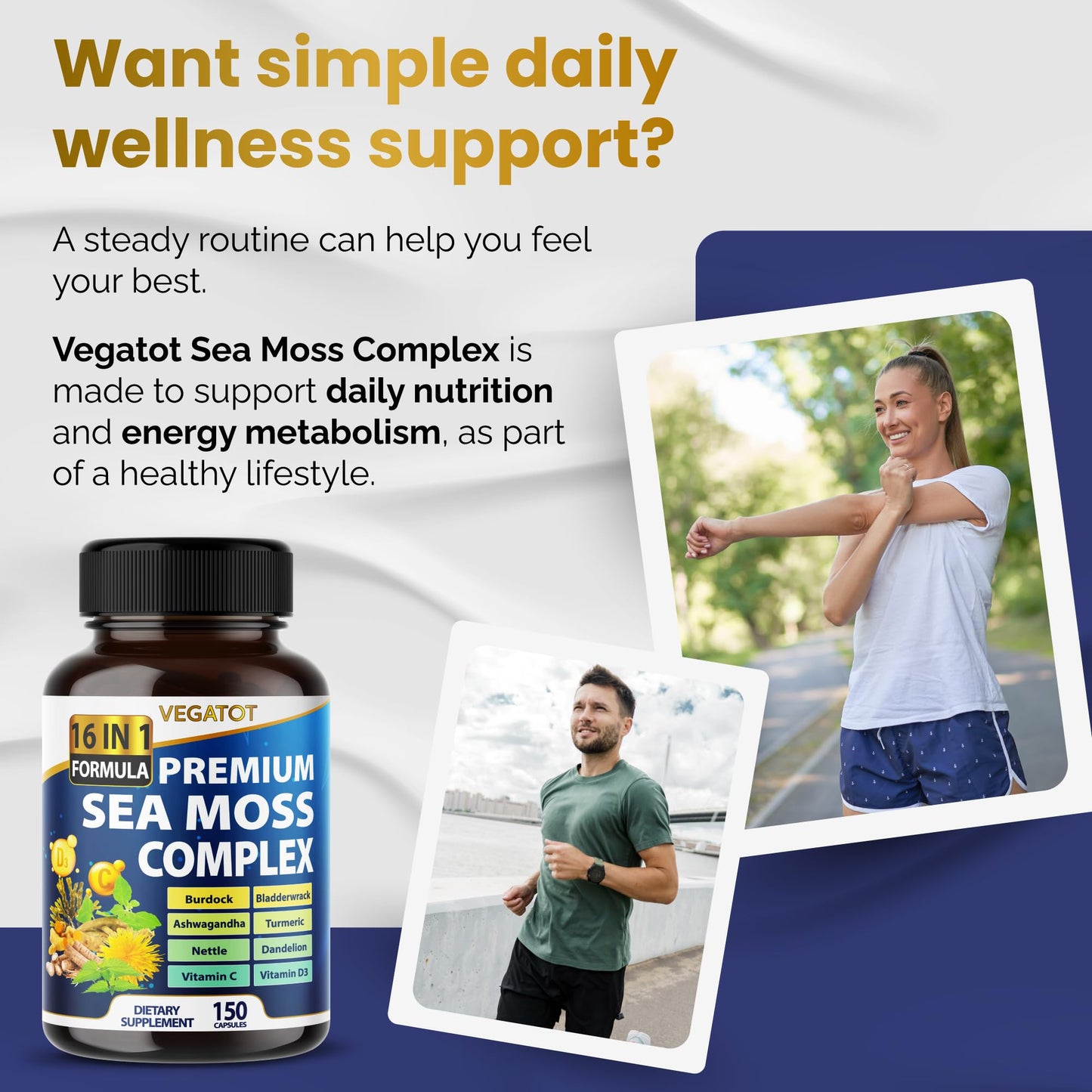 VEGATOT Organic Sea Moss with Bladderwrack, Burdock, Ashwagandha, and Turmeric Capsules, 150 Count