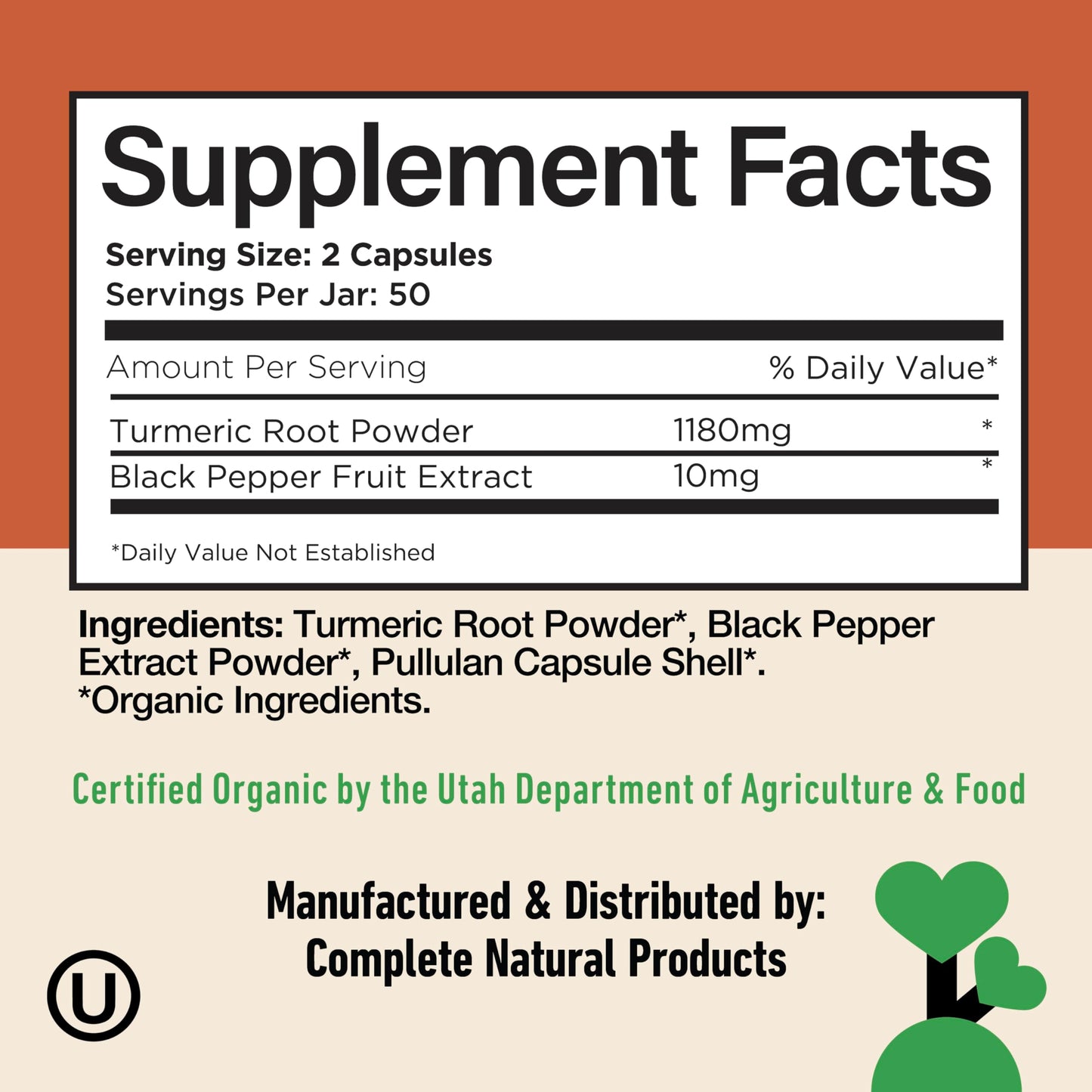 Complete Natural Products Organic Turmeric with Piperine 600mg Capsules, 100 Count