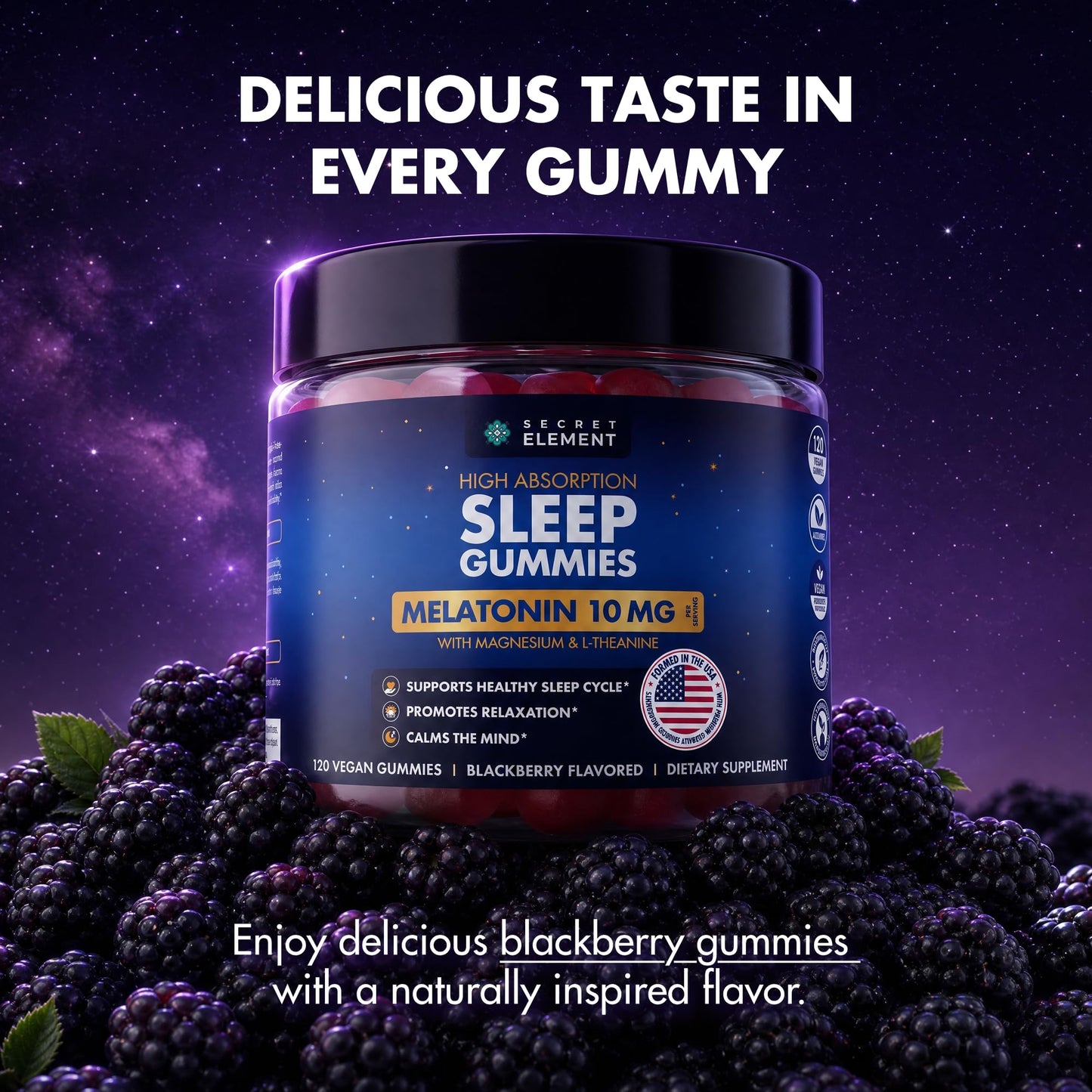 Secret Element Sleep Gummies – Nighttime Relaxation & Sleep Cycle Support with Melatonin 10 mg, Magnesium & L-Theanine – Vegan, Sugar Free, Non-GMO – BlackBerry, 120 Gummies
