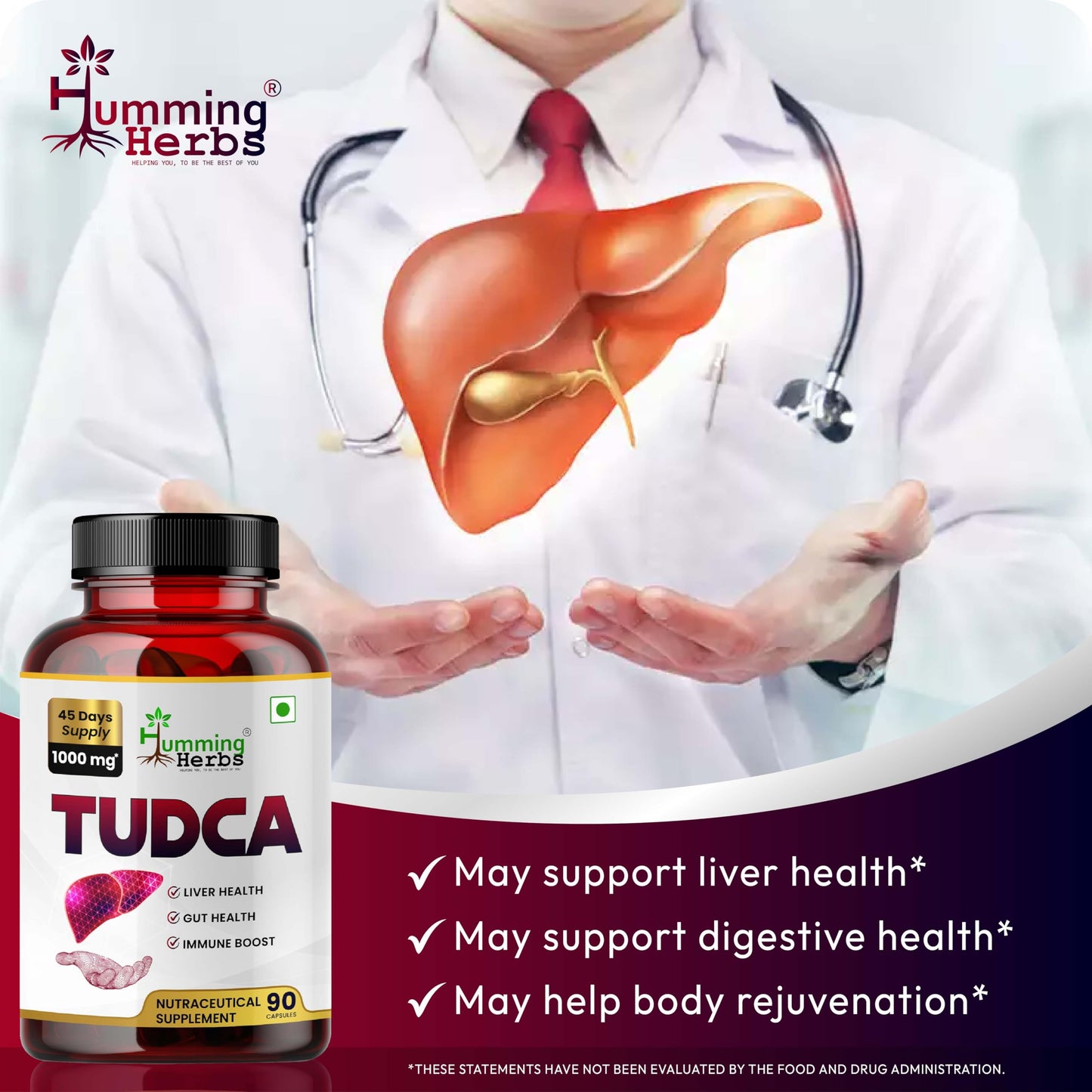 Humming Herbs TUDCA 1000 mg Tauroursodeoxycholic Acid Supplement, 90 Capsules