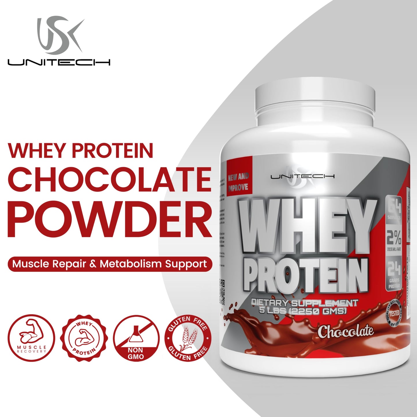 Unitech USK Whey Protein Powder, Chocolate Flavor, 80 oz