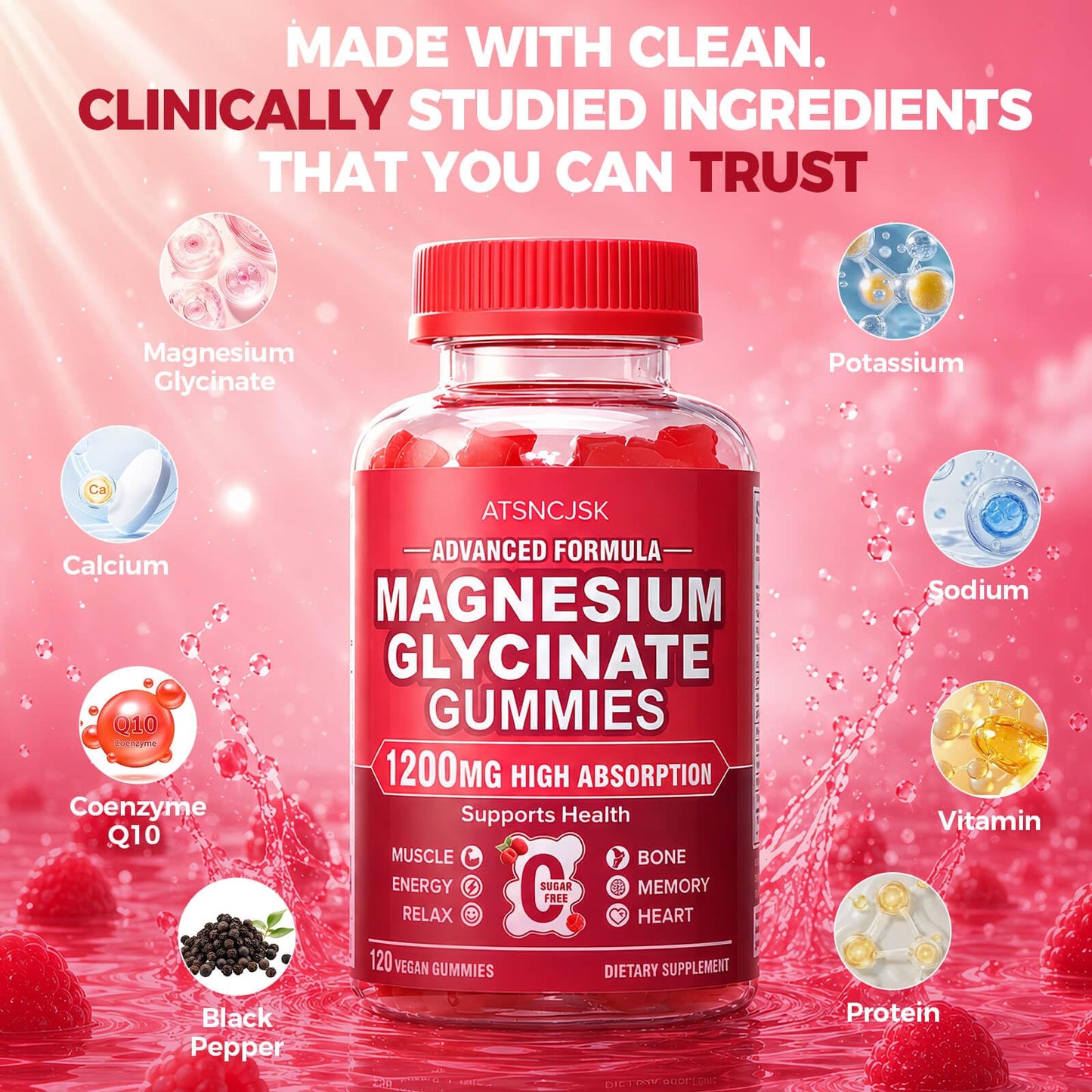 ATSNCJSK Magnesium Glycinate Gummies 1200mg, 120 Count