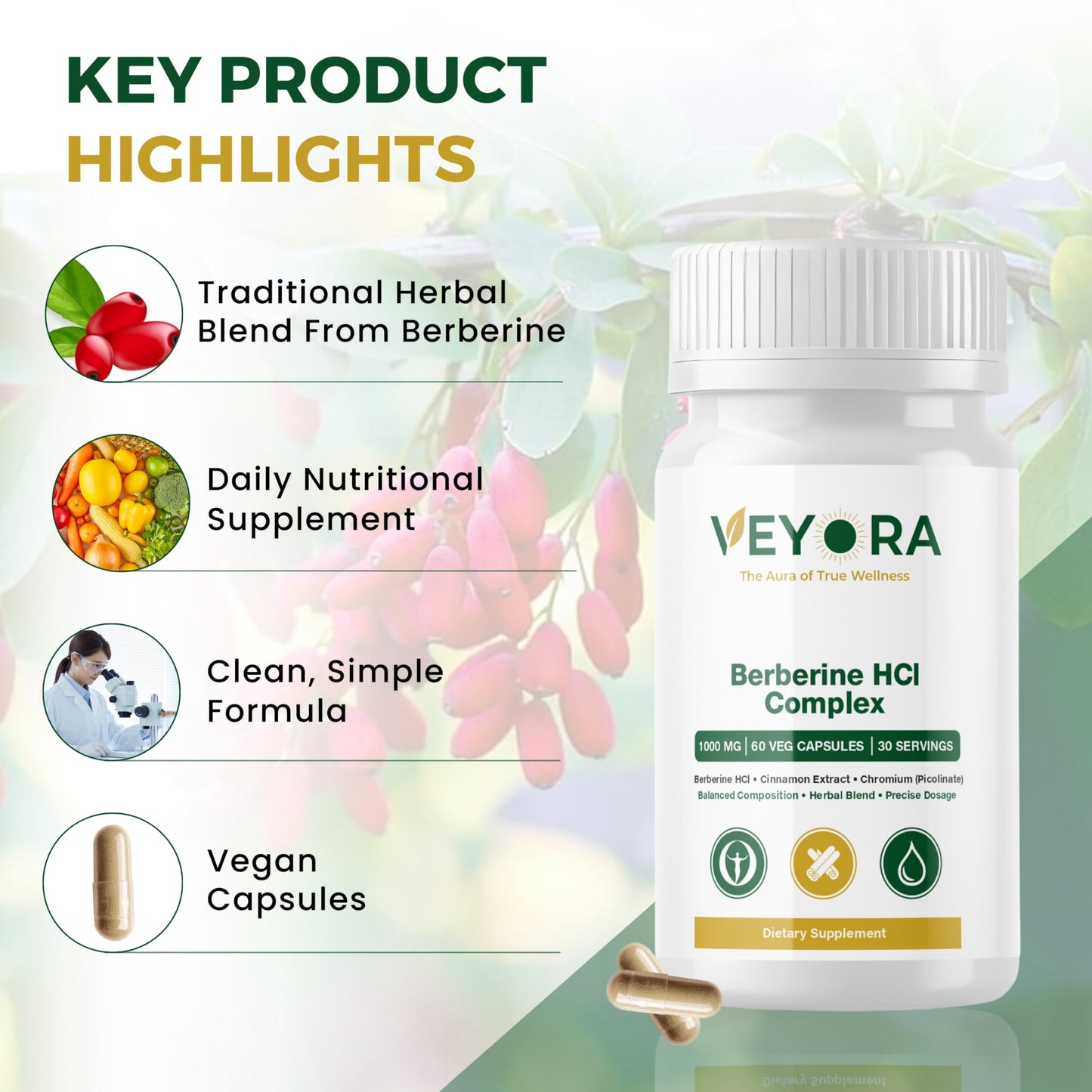 VEYORA Berberine HCl Complex 1000 mg, 60 Vegan Capsules