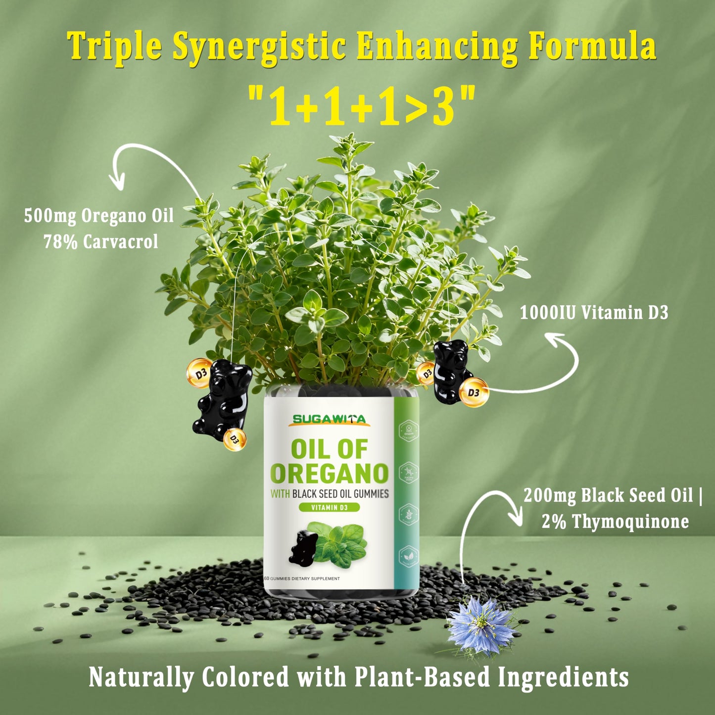SUGAWITA Oil of Oregano with Black Seed Oil + Vitamin D3 3-in-1 Gummies, 120 Gummies