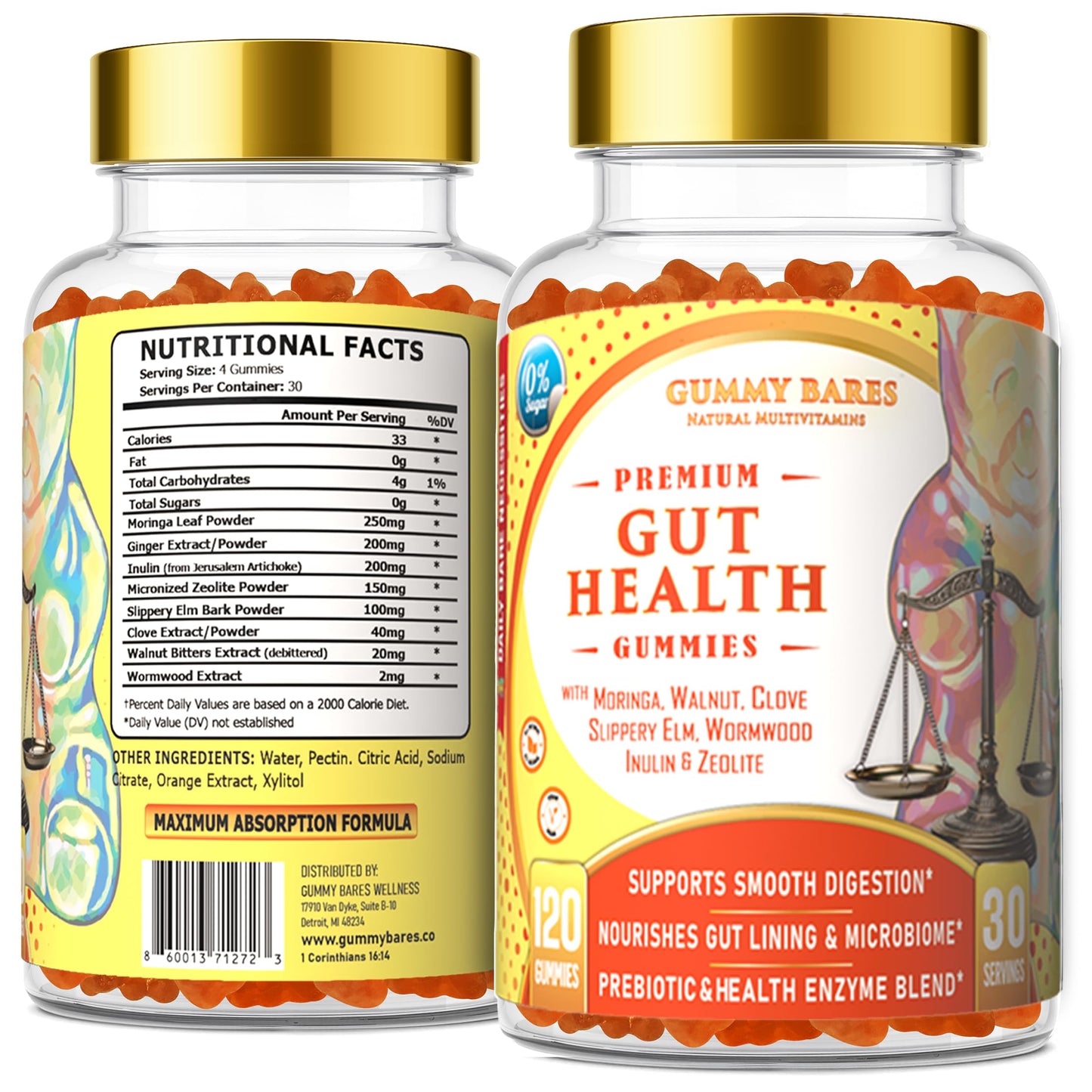 Gummy Bares Natural Multivitamins Gut Support Gummies with Prebiotic Fiber (Inulin) for Digestive Comfort, Gut Microbiome, Gas & Bloating, and Regularity Support, 120 Gummies