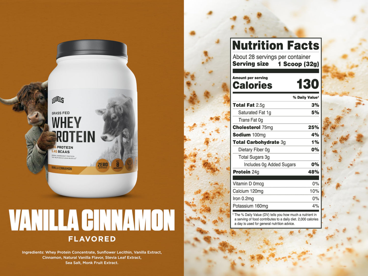 Levels Nutrition Grass Fed Whey Protein Powder Vanilla Cinnamon, 32 oz