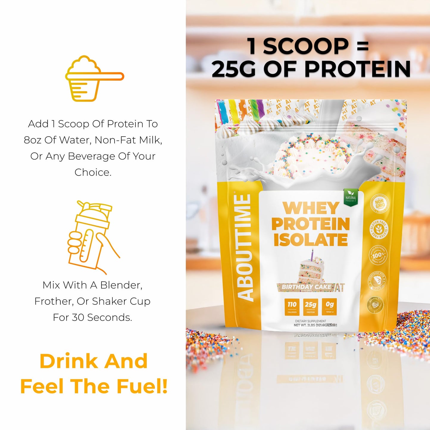 About Time Whey Protein Isolate Powder 25g Birthday Cake, 32 Servings