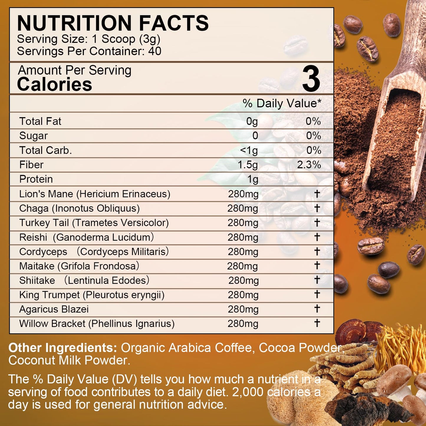 B BEWORTHS Mushroom Coffee Mix Arabica Instant Coffee Low Roast 30% Beta-Glucans Powder 8.46 Ounces