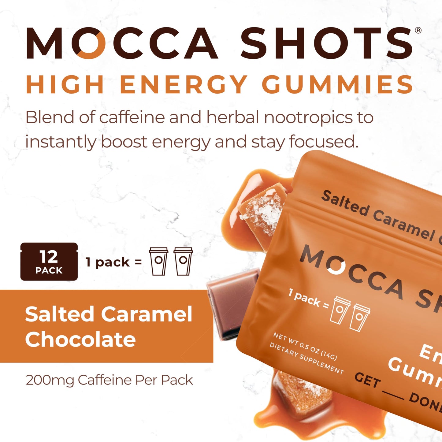 SGC Mocca Shots Caffeine Gummies Salted Caramel 200mg, 12-Pack