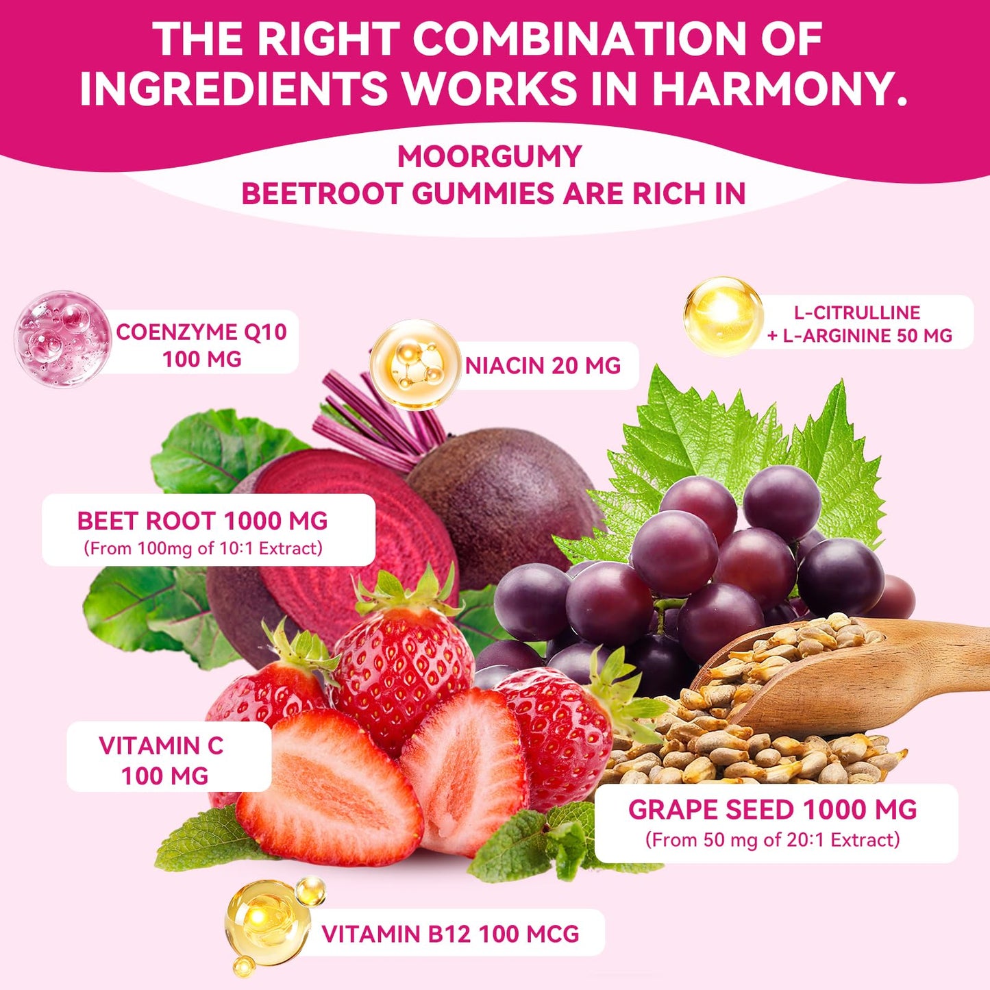 MOORGUMY Beetroot Gummies with Grape Seed, Niacin, CoQ10, Vitamin C, B12, L-Citrulline & L-Arginine, Antioxidant Support, Sugar-Free Beet Root Supplement for Women & Men, 60 Gummies