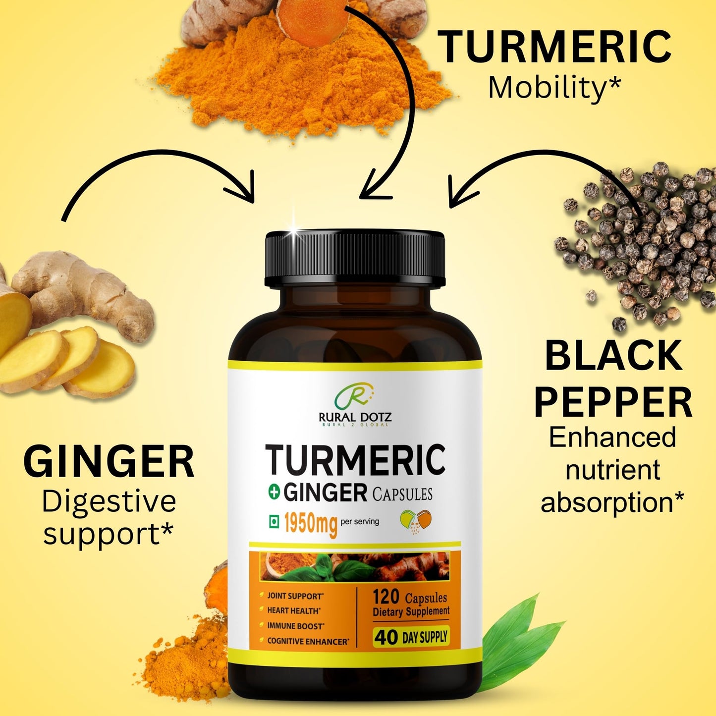 Rural Dotz Turmeric Curcumin Supplement 1950mg with Turmeric & Ginger, 95% Curcuminoids, Black Pepper for Absorption Capsule 120 Count