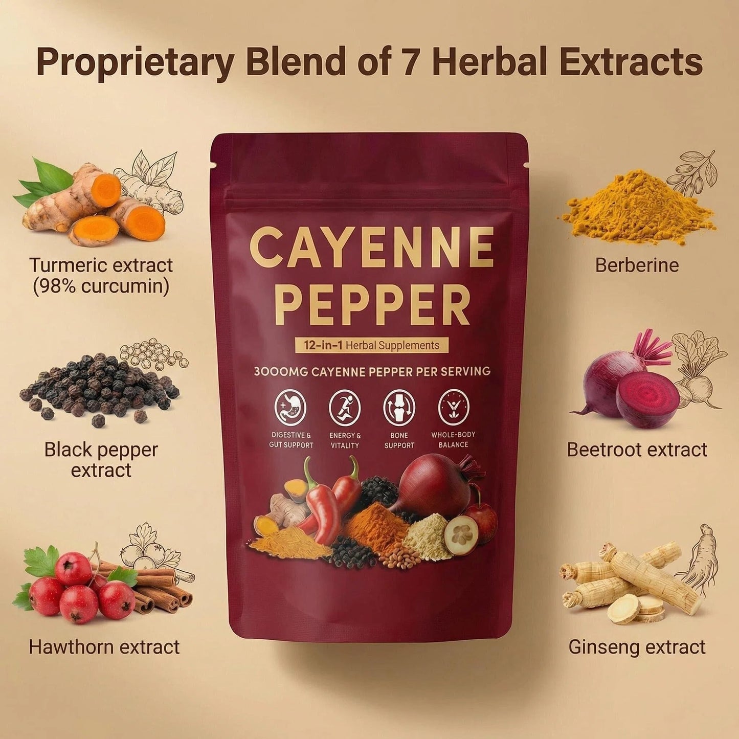 Biduka Cayenne Pepper 3000mg 12-in-1 Herbal Supplement with D3, K2, Turmeric, Ginger Softgels 240
