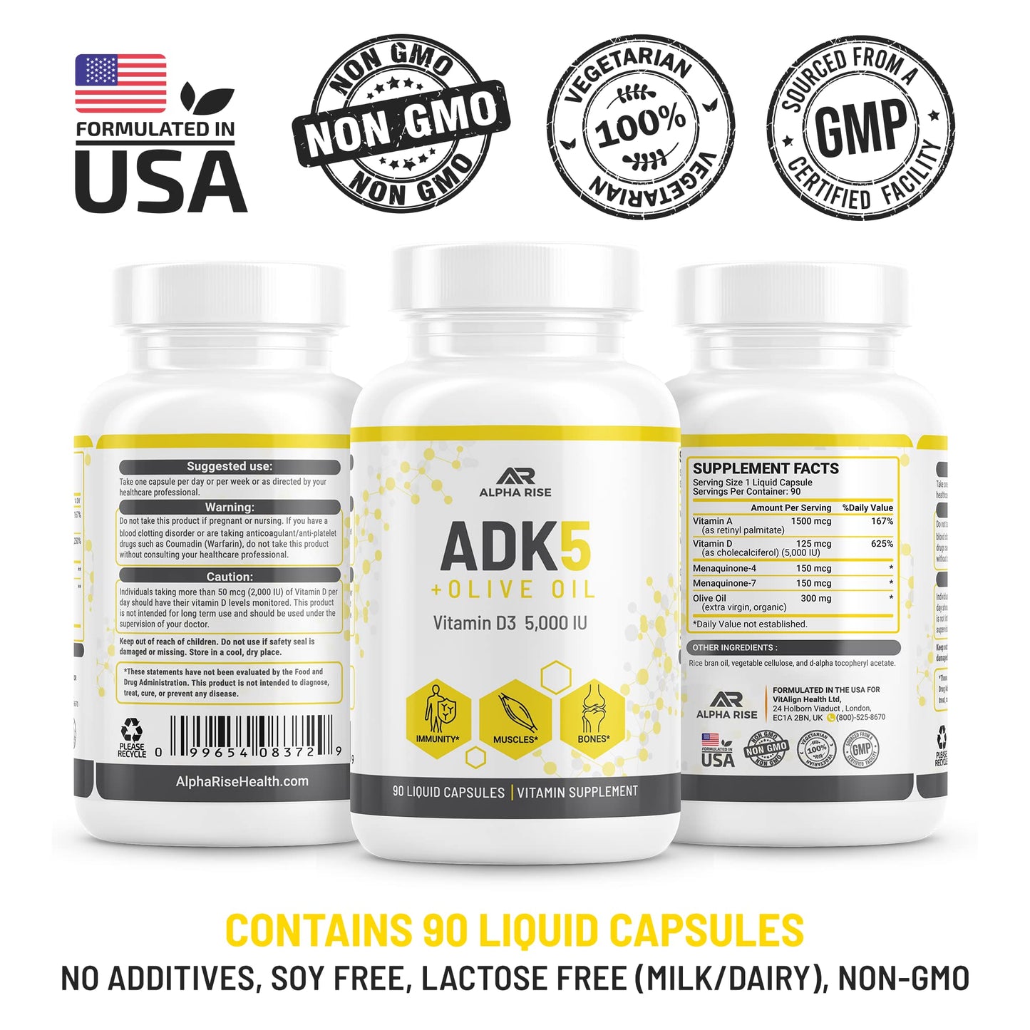 ALPHA RISE ADK Vitamin D3 + K2 with Olive Oil Capsules, 90 Count