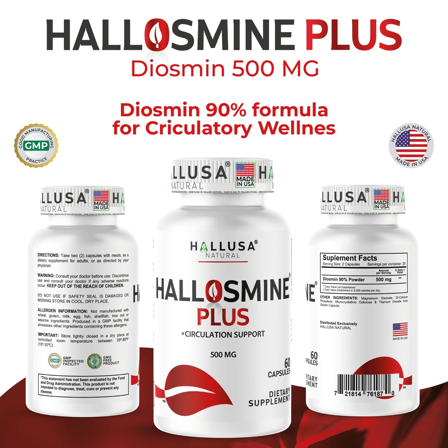 Hallusa Natural Hallosmine Plus Diosmin 500mg + Bonus Leg Cream 60 Capsules